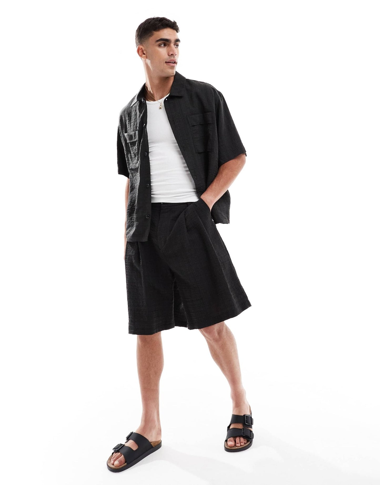 Pull&Bear dart detail seersucker short co-ord in black - ASOS Sample Sale