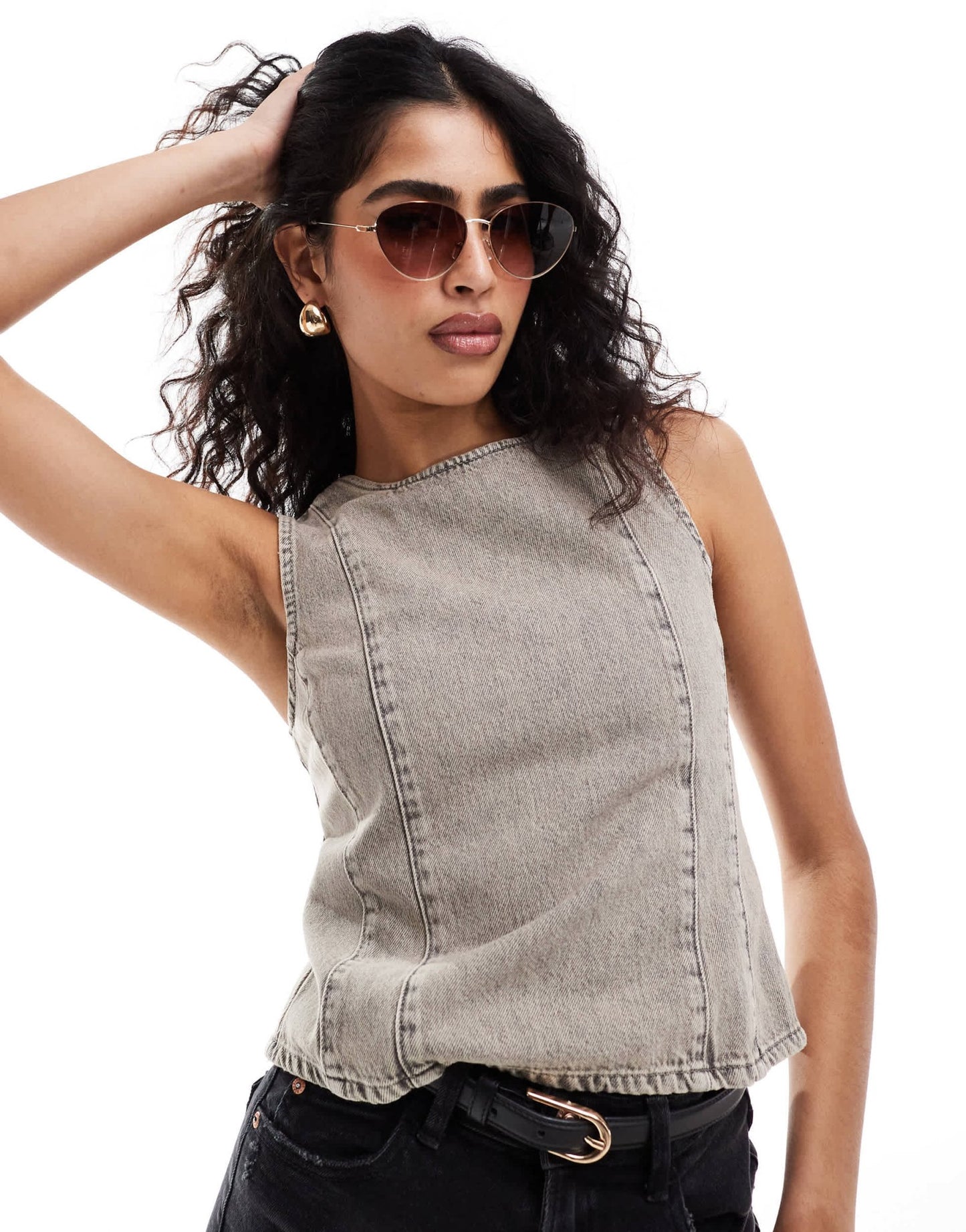 Pull&Bear denim halter neck top in washed stone - ASOS Sample Sale