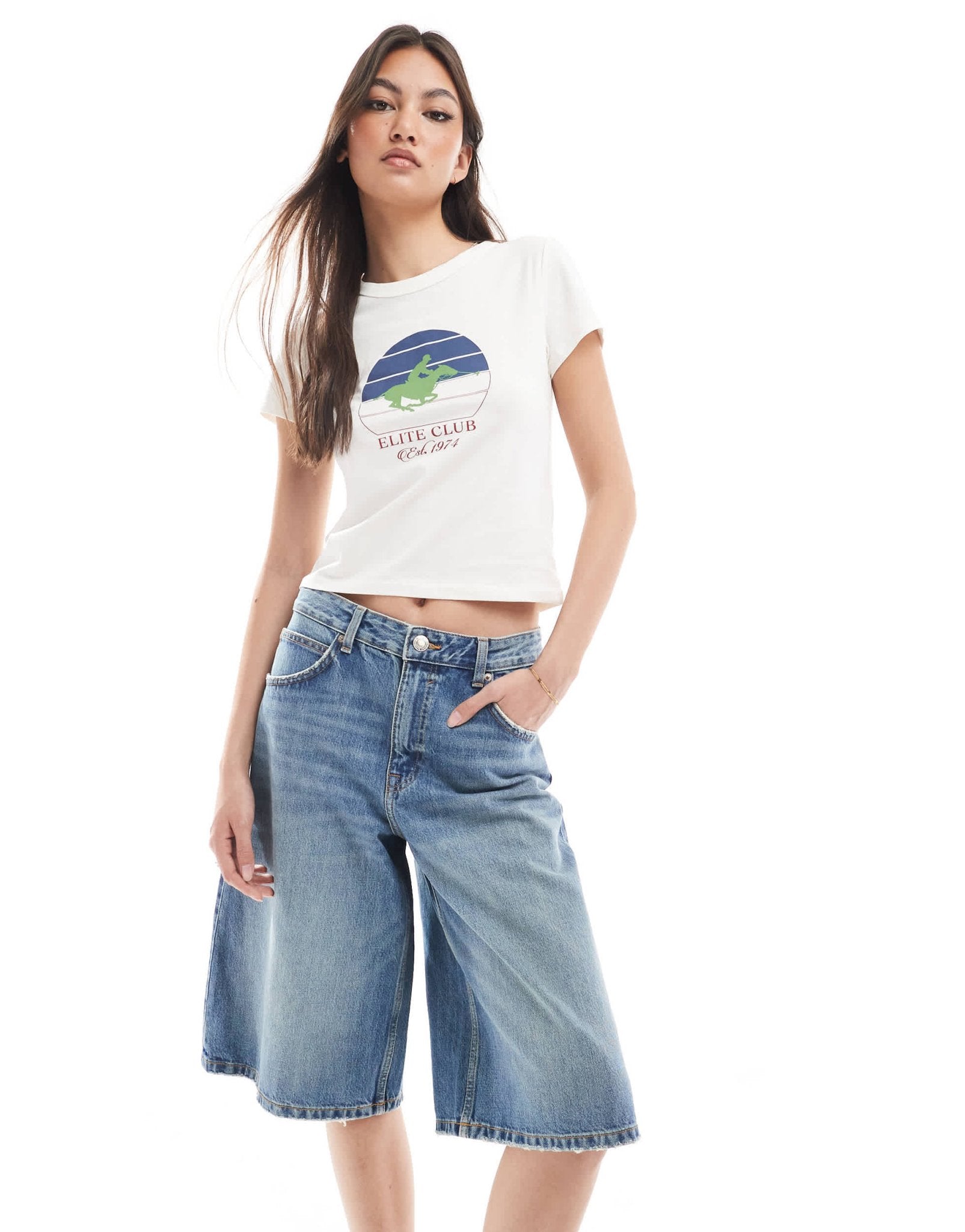 Pull&Bear denim jorts in mid blue wash - ASOS Sample Sale