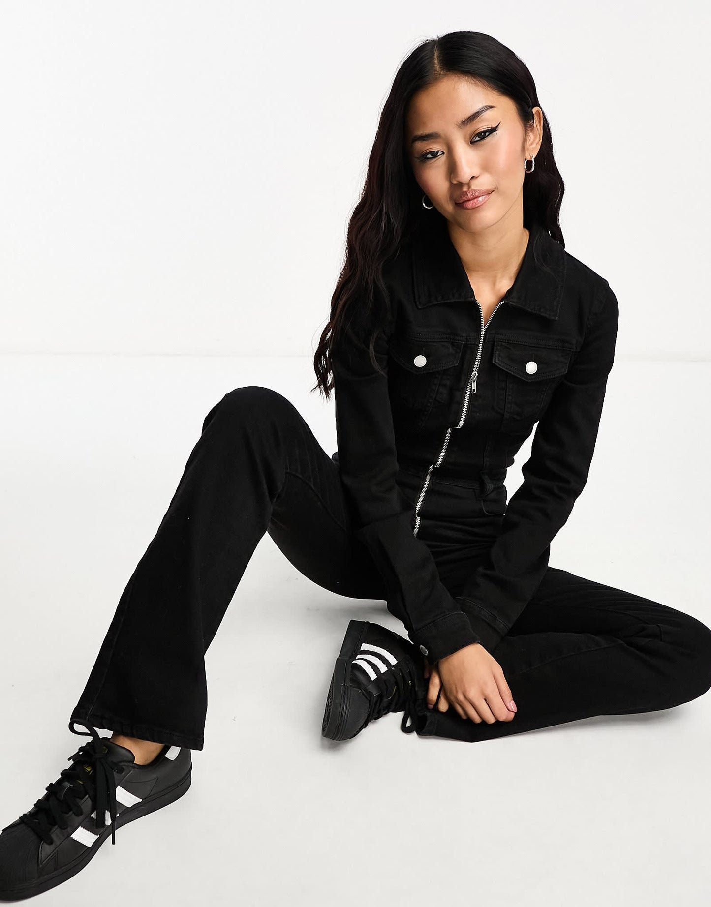 Pull&Bear denim long sleeve jumpsuit in black - ASOS Sample Sale