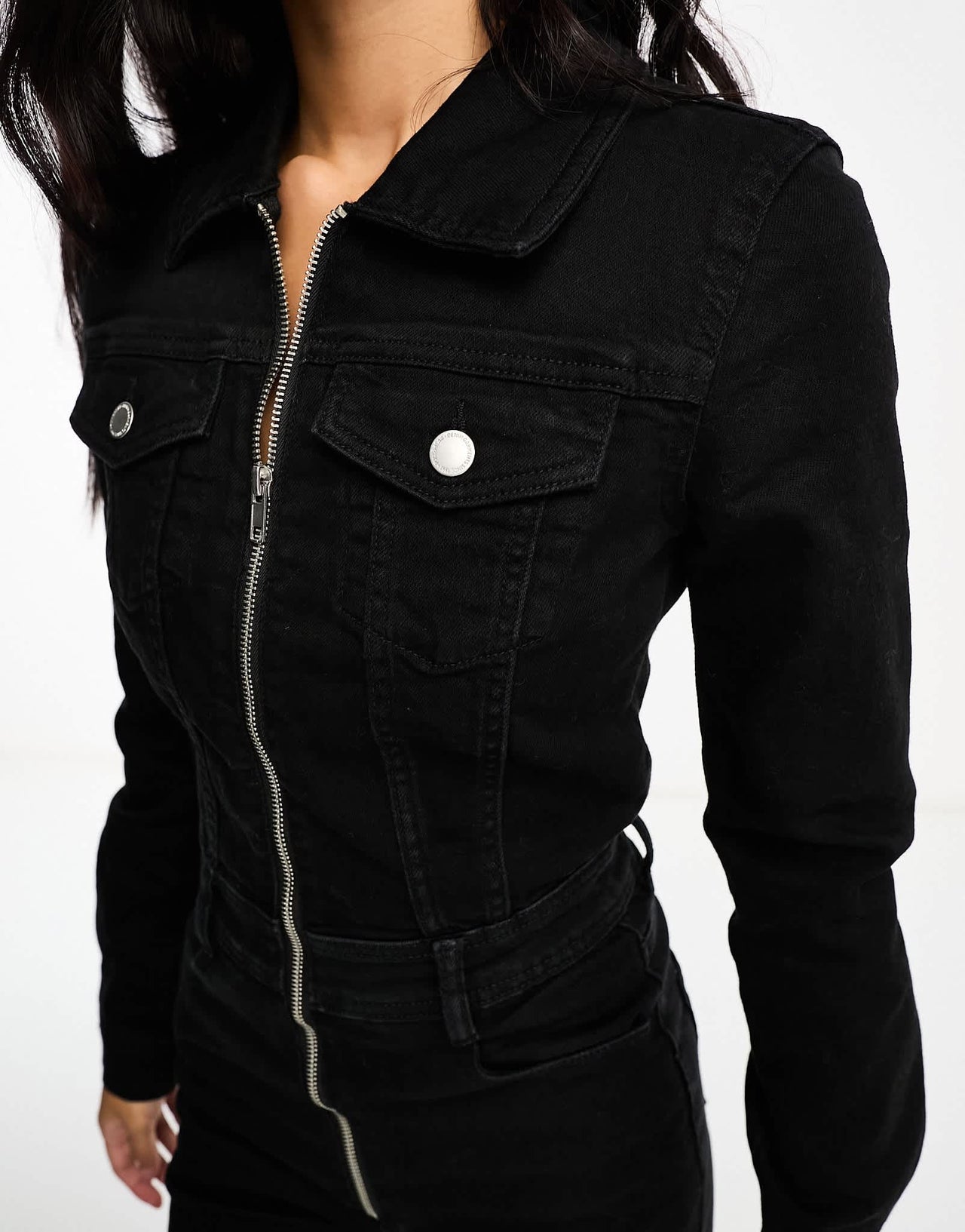 Pull&Bear denim long sleeve jumpsuit in black - ASOS Sample Sale