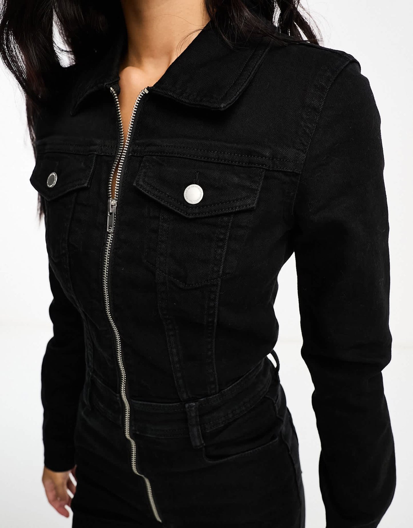 Pull&Bear denim long sleeve jumpsuit in black - ASOS Sample Sale
