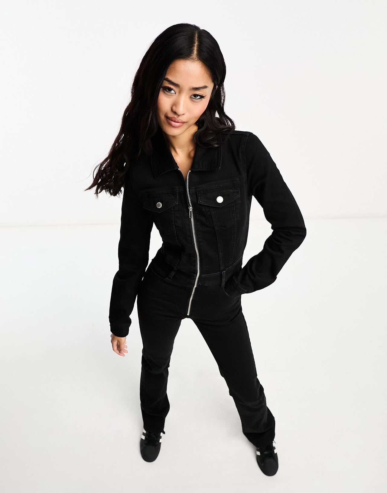 Pull&Bear denim long sleeve jumpsuit in black - ASOS Sample Sale
