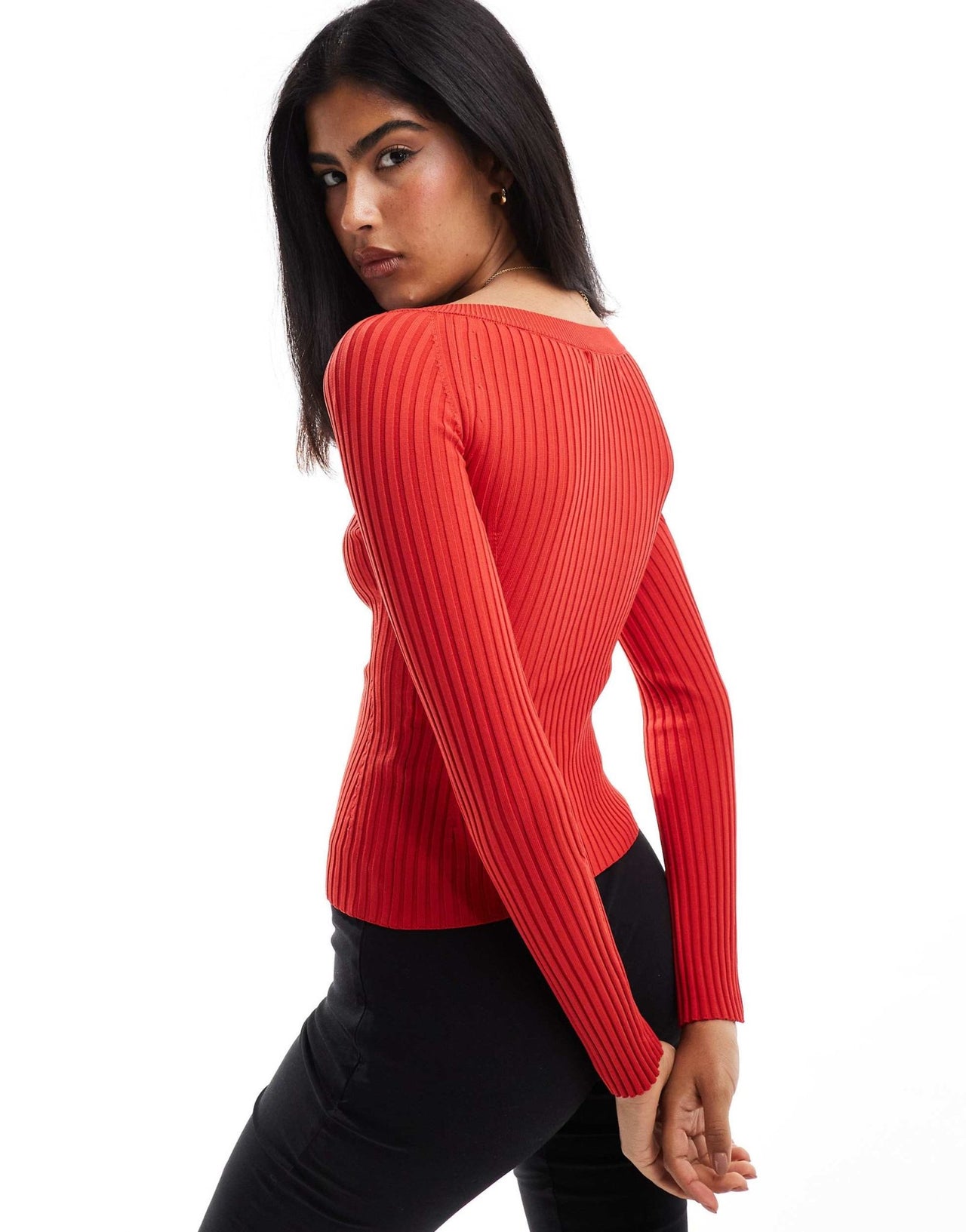 Pull&Bear dipped neckline ribbed knit jumper in red - ASOS Sample Sale