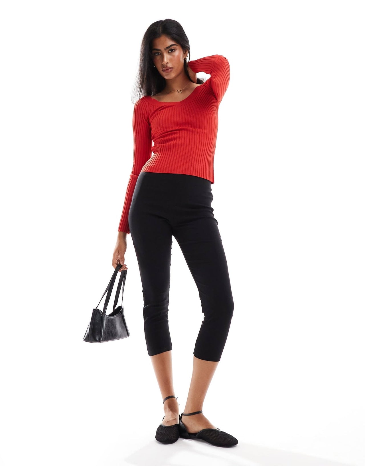 Pull&Bear dipped neckline ribbed knit jumper in red - ASOS Sample Sale