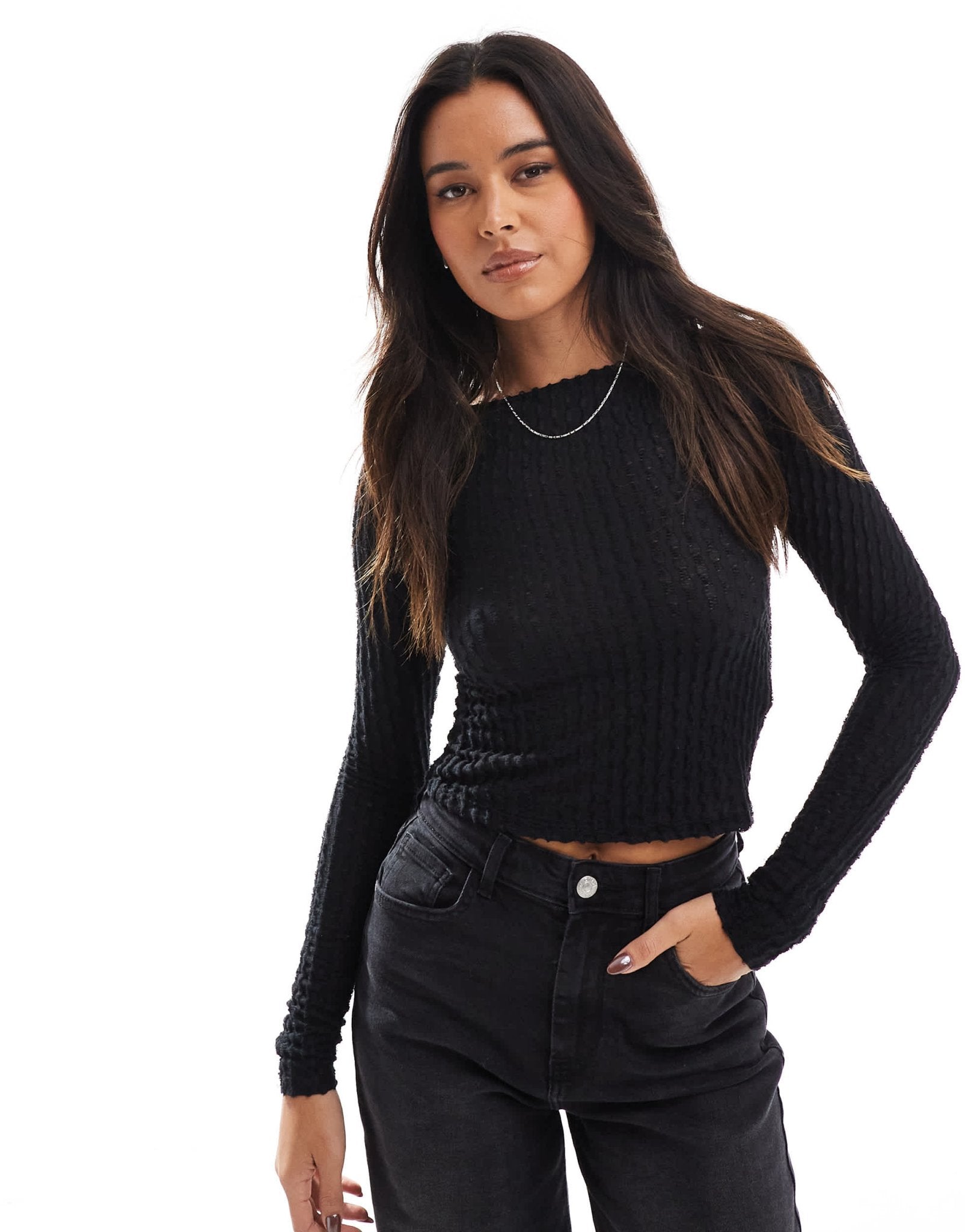 Pull&Bear distressed ladder detail top in black - ASOS Sample Sale