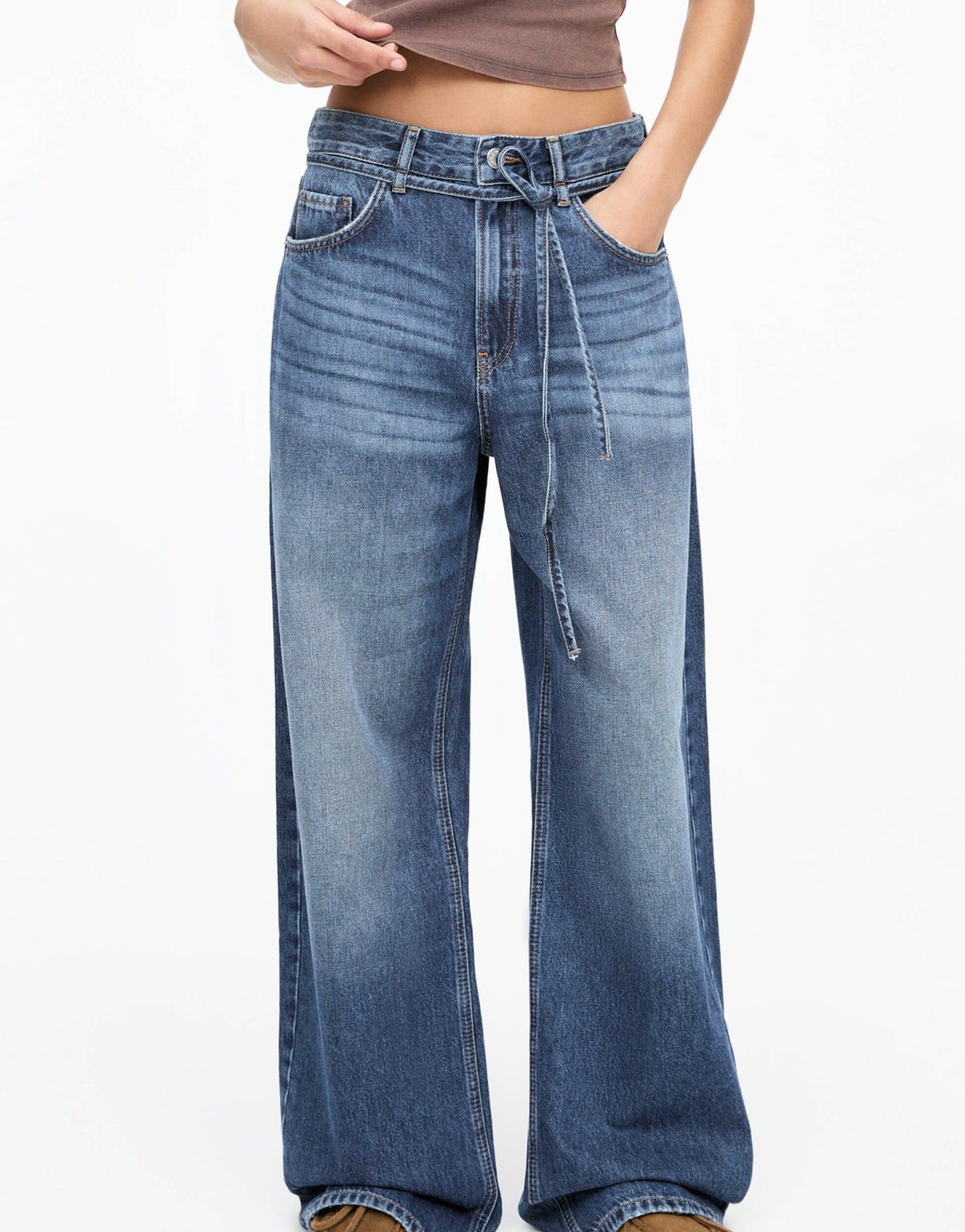 Pull&Bear drawstring waist baggy jeans in blue - ASOS Sample Sale