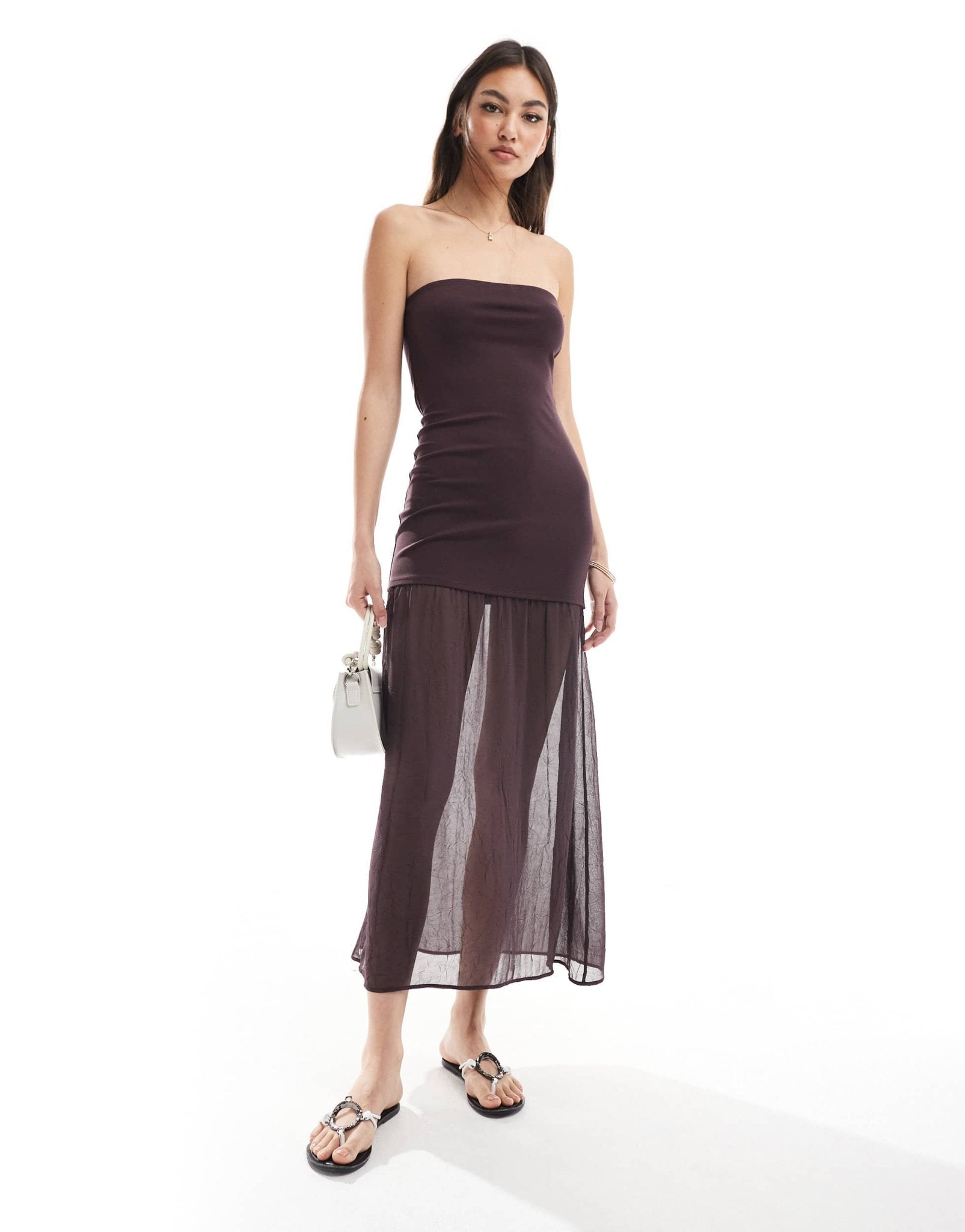 Pull&Bear drop hem bandeau maxi dress in burgundy - ASOS Sample Sale