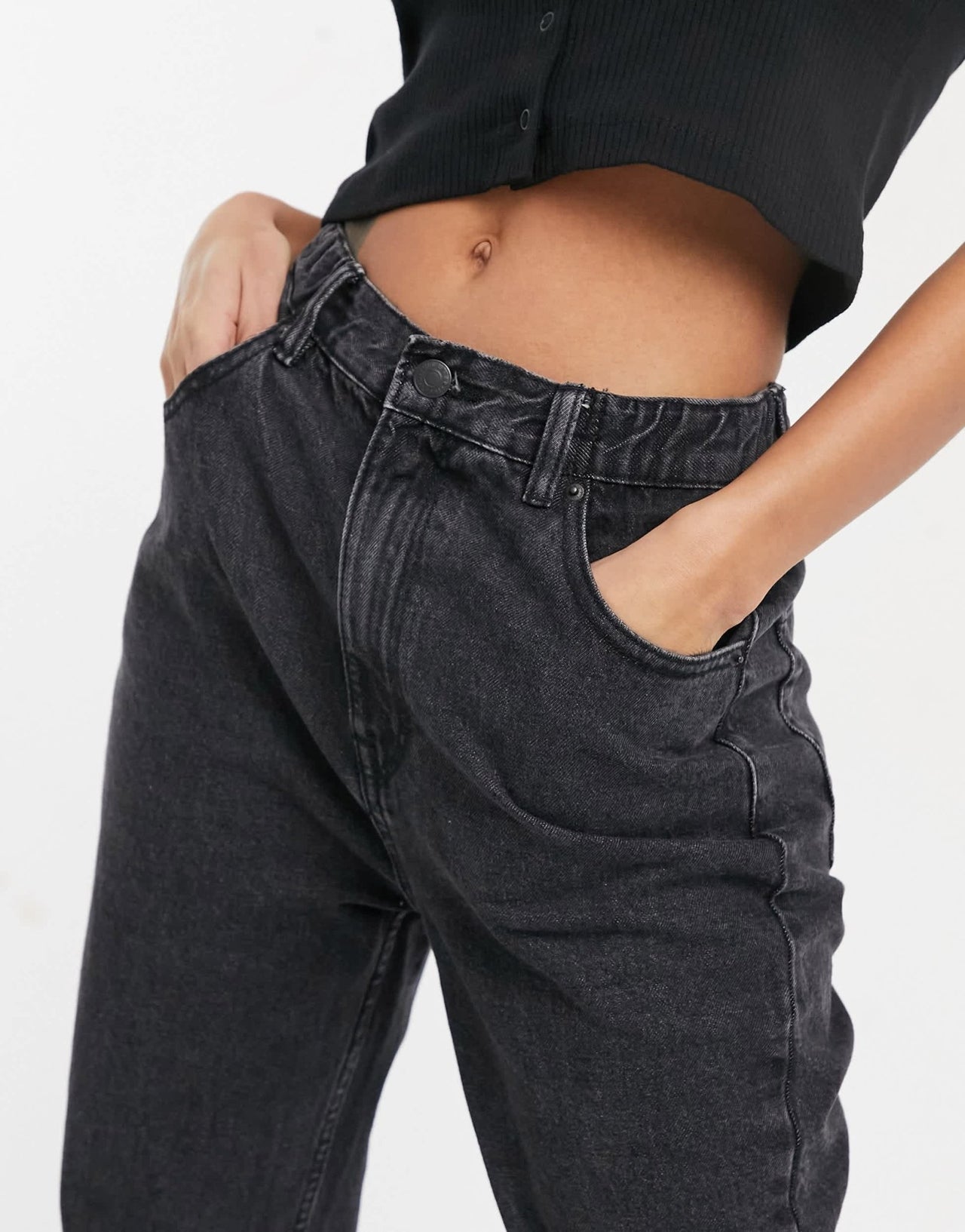 Pull&Bear elasticated waist mom jean in washed black - ASOS Sample Sale