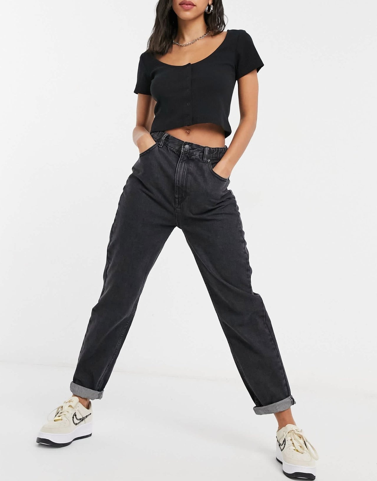 Pull&Bear elasticated waist mom jean in washed black - ASOS Sample Sale