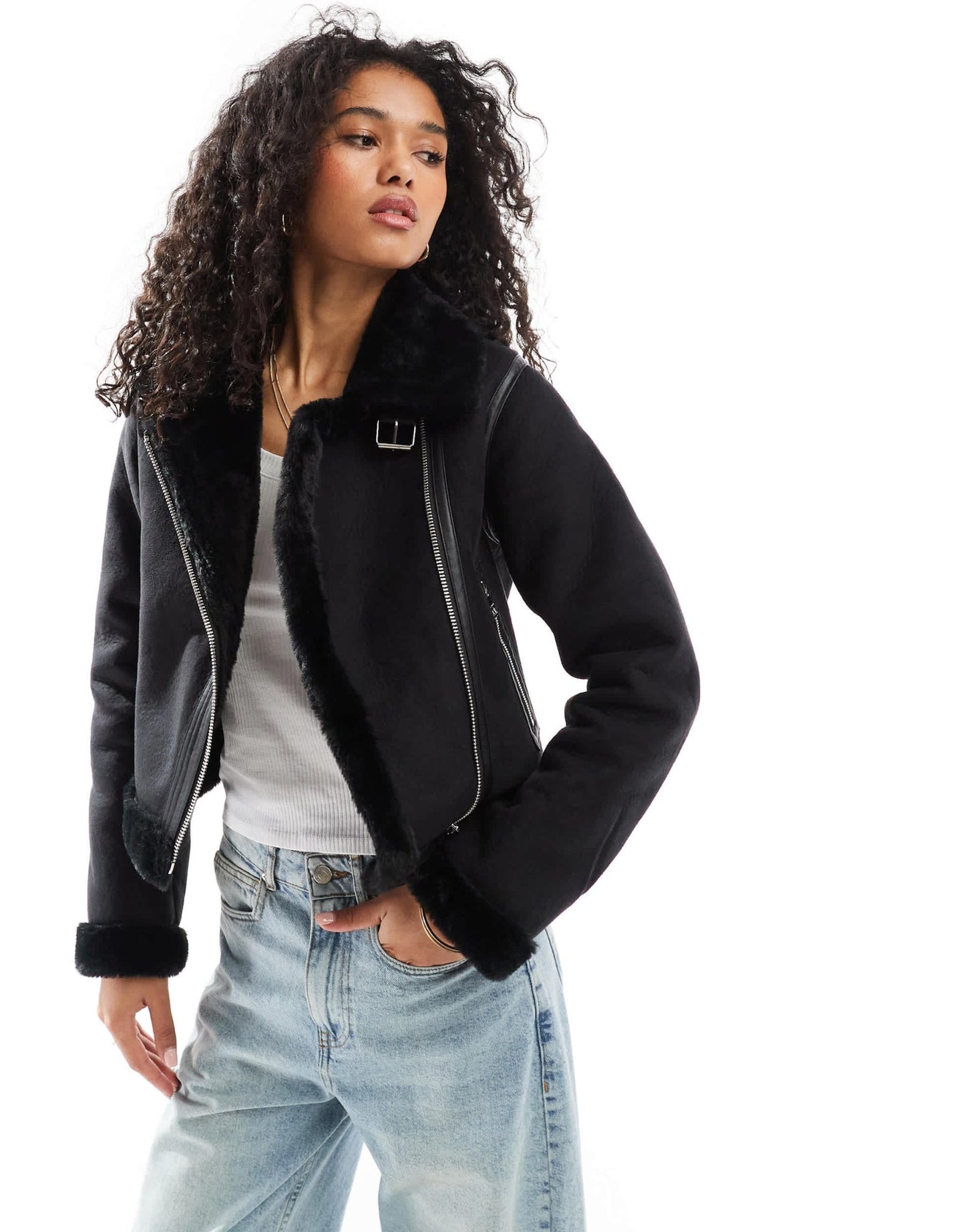 Pull&Bear faux fur trim aviator jacket in black - ASOS Sample Sale