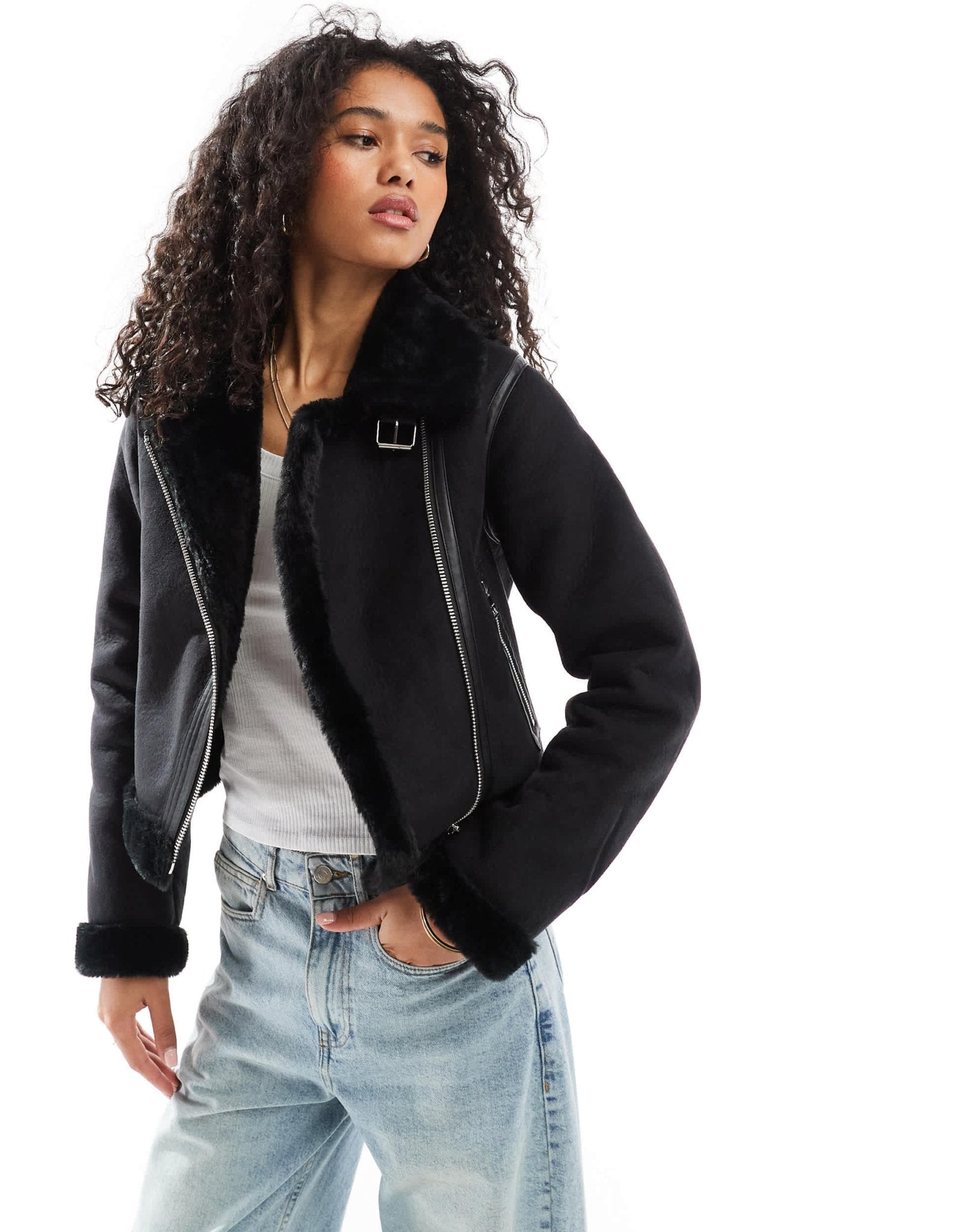 Pull&Bear faux fur trim aviator jacket in black - ASOS Sample Sale