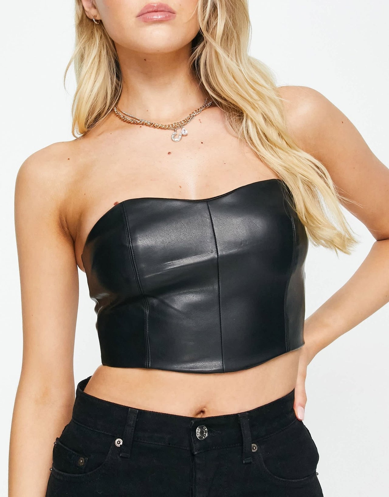 Pull&Bear faux leather bandeau corset co - ord in black - ASOS Sample Sale