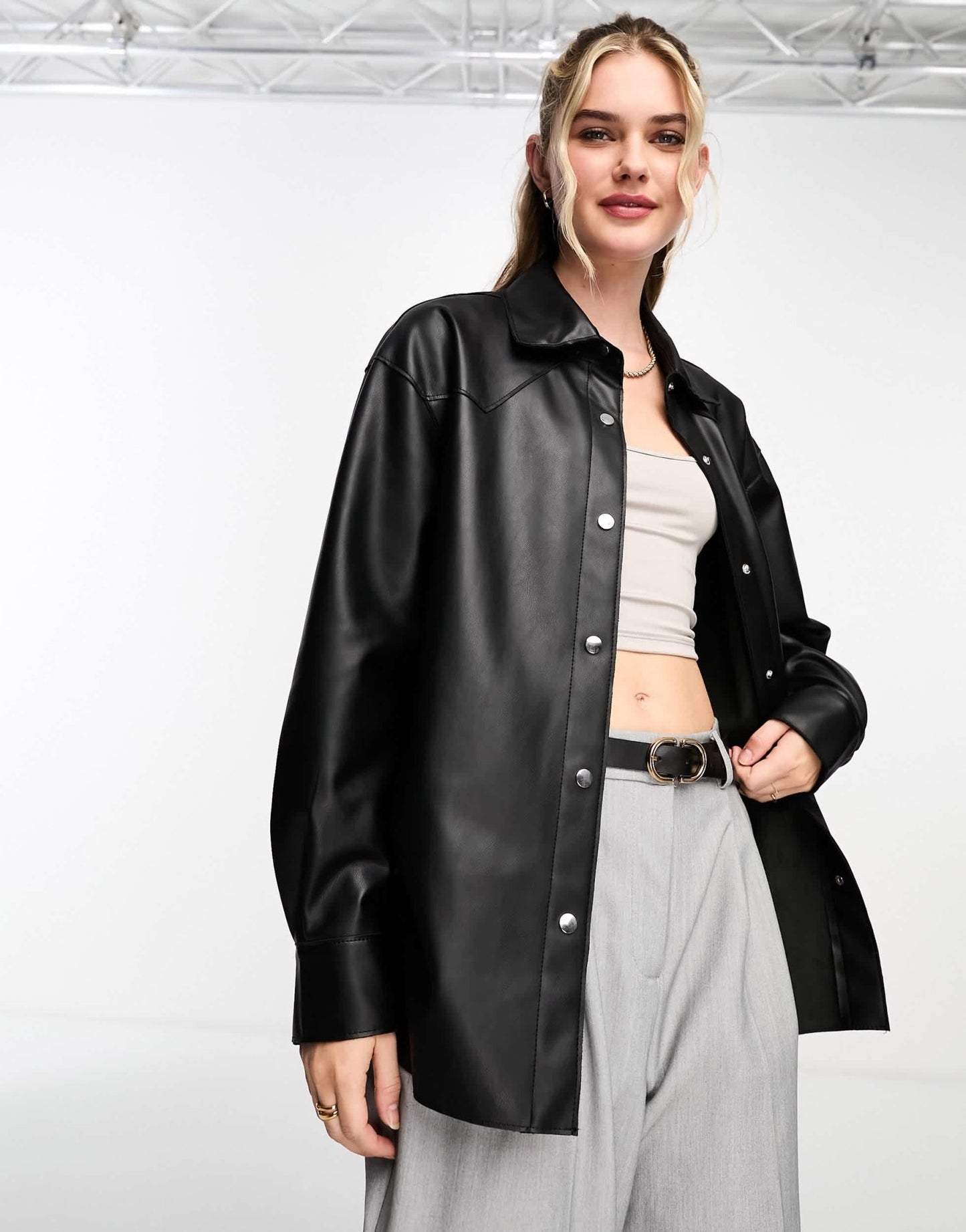 Pull&Bear faux leather overshirt in black - ASOS Sample Sale
