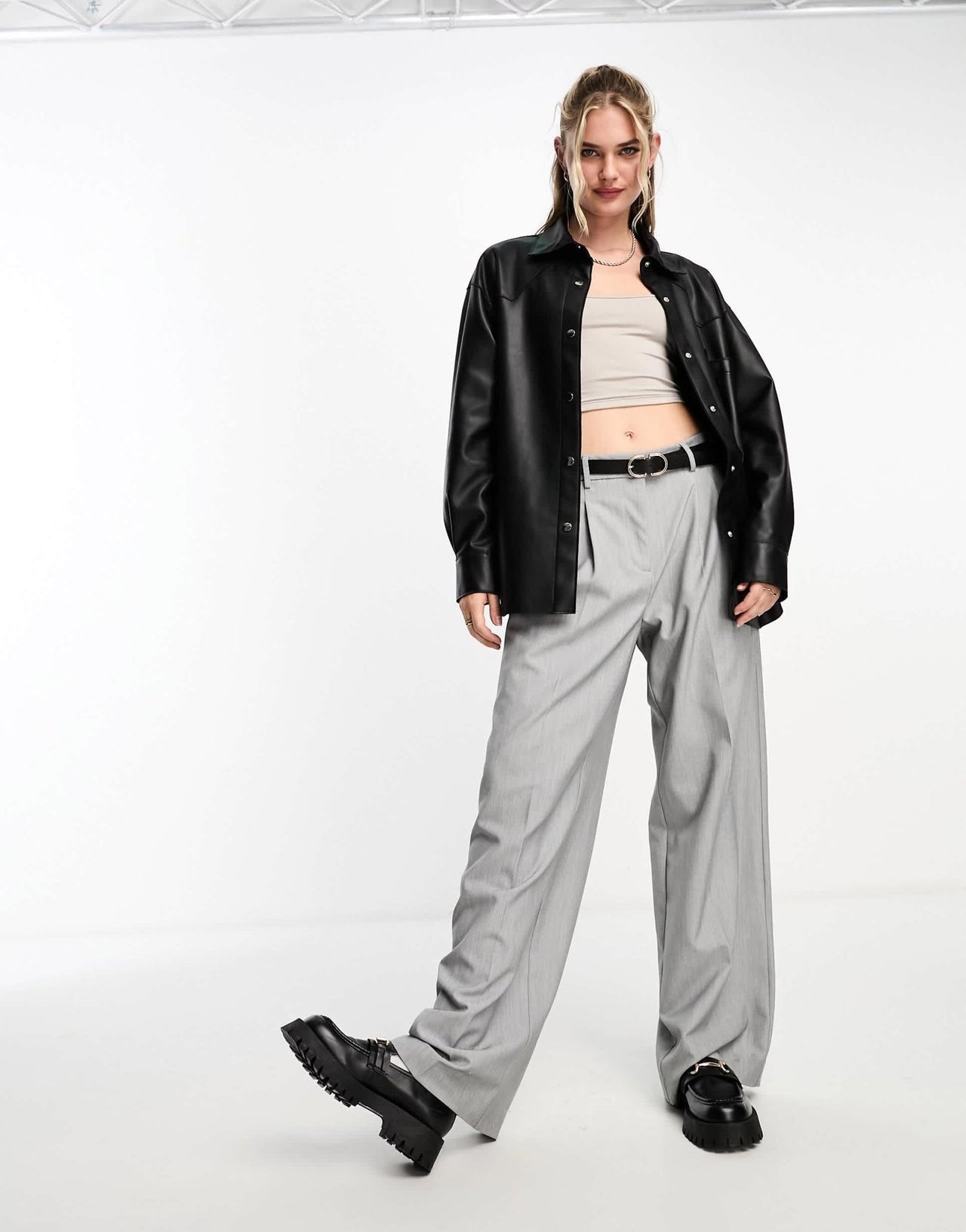Pull&Bear faux leather overshirt in black - ASOS Sample Sale