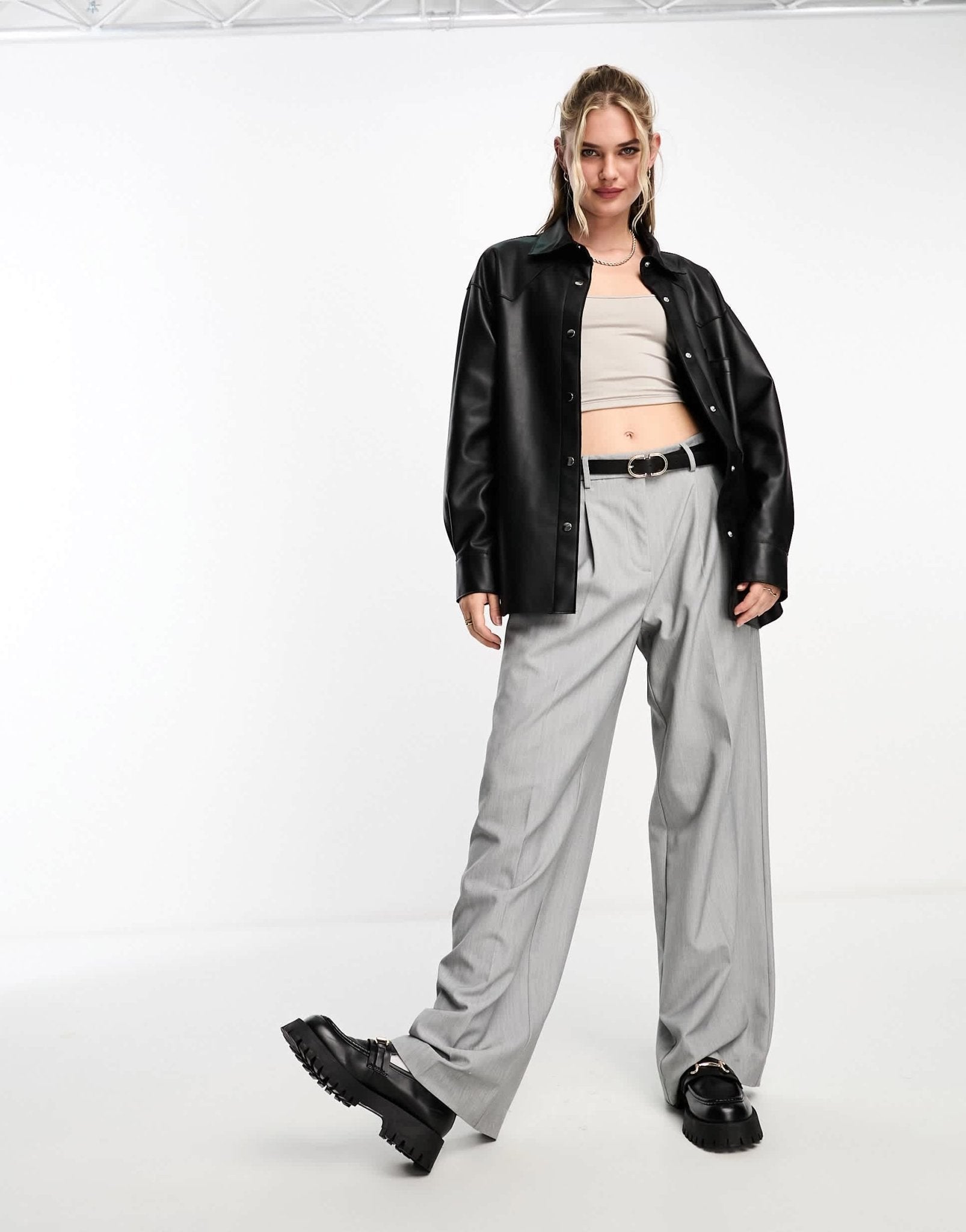 Pull&Bear faux leather overshirt in black - ASOS Sample Sale