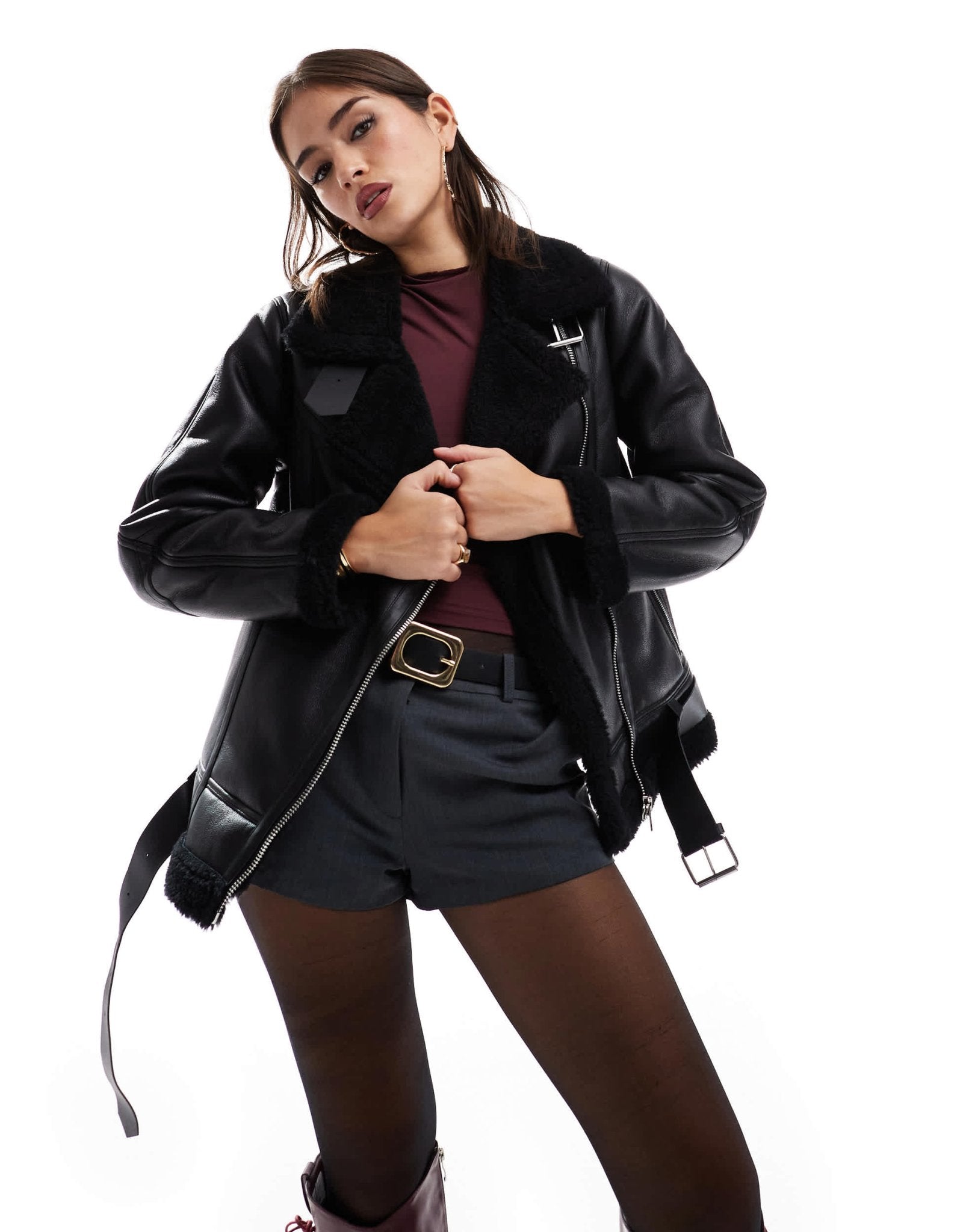 Pull&Bear faux leather oversized aviator jacket in black - ASOS Sample Sale