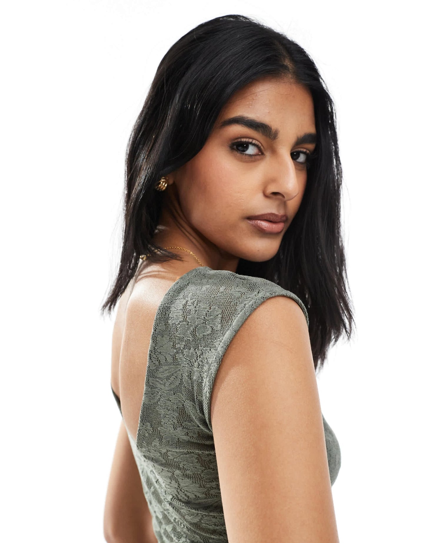 Pull&Bear floral textured ruched side top in khaki - ASOS Sample Sale
