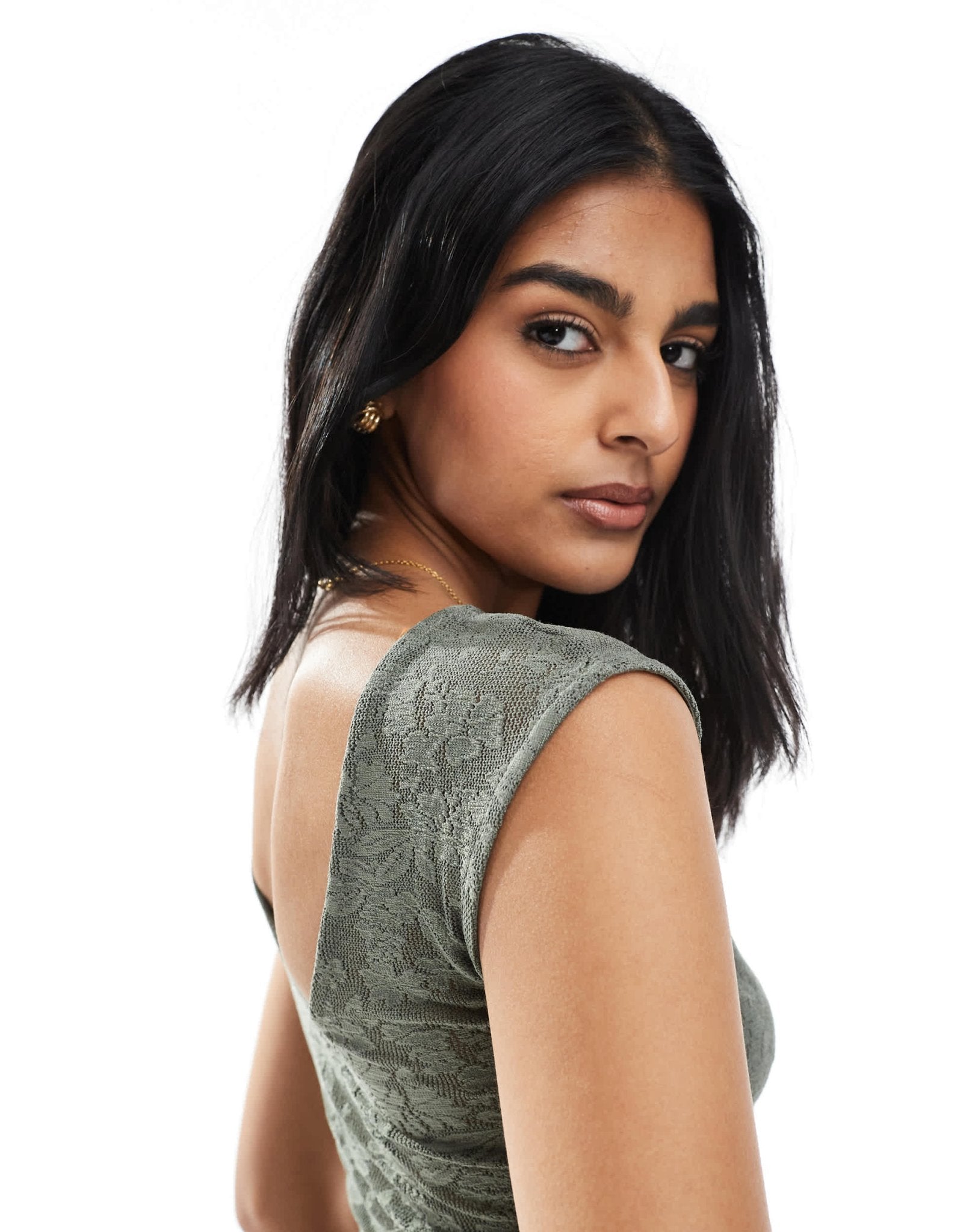 Pull&Bear floral textured ruched side top in khaki - ASOS Sample Sale