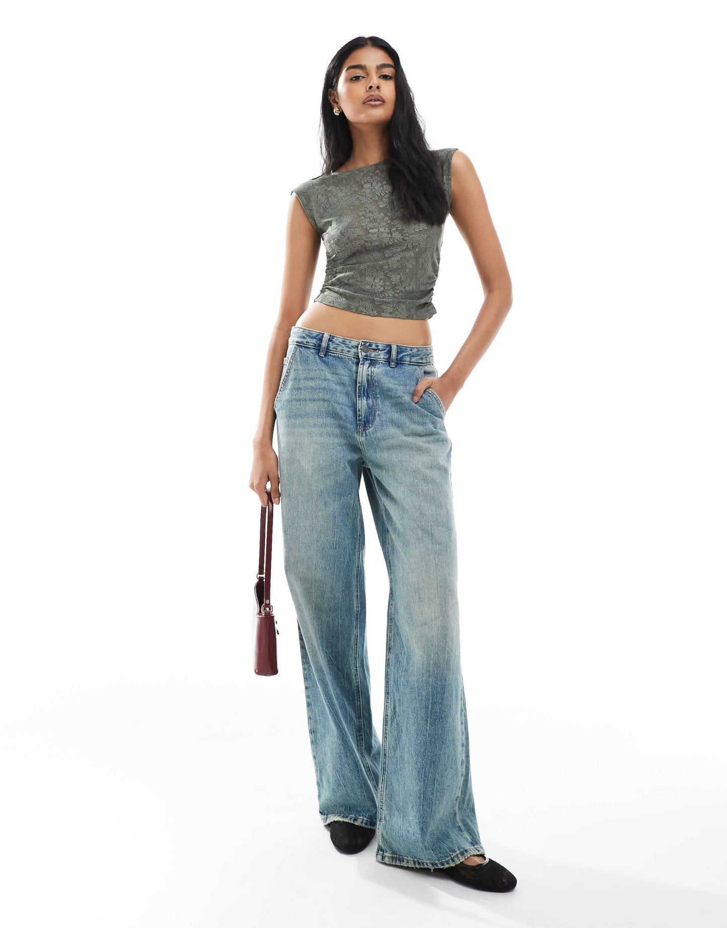 Pull&Bear floral textured ruched side top in khaki - ASOS Sample Sale