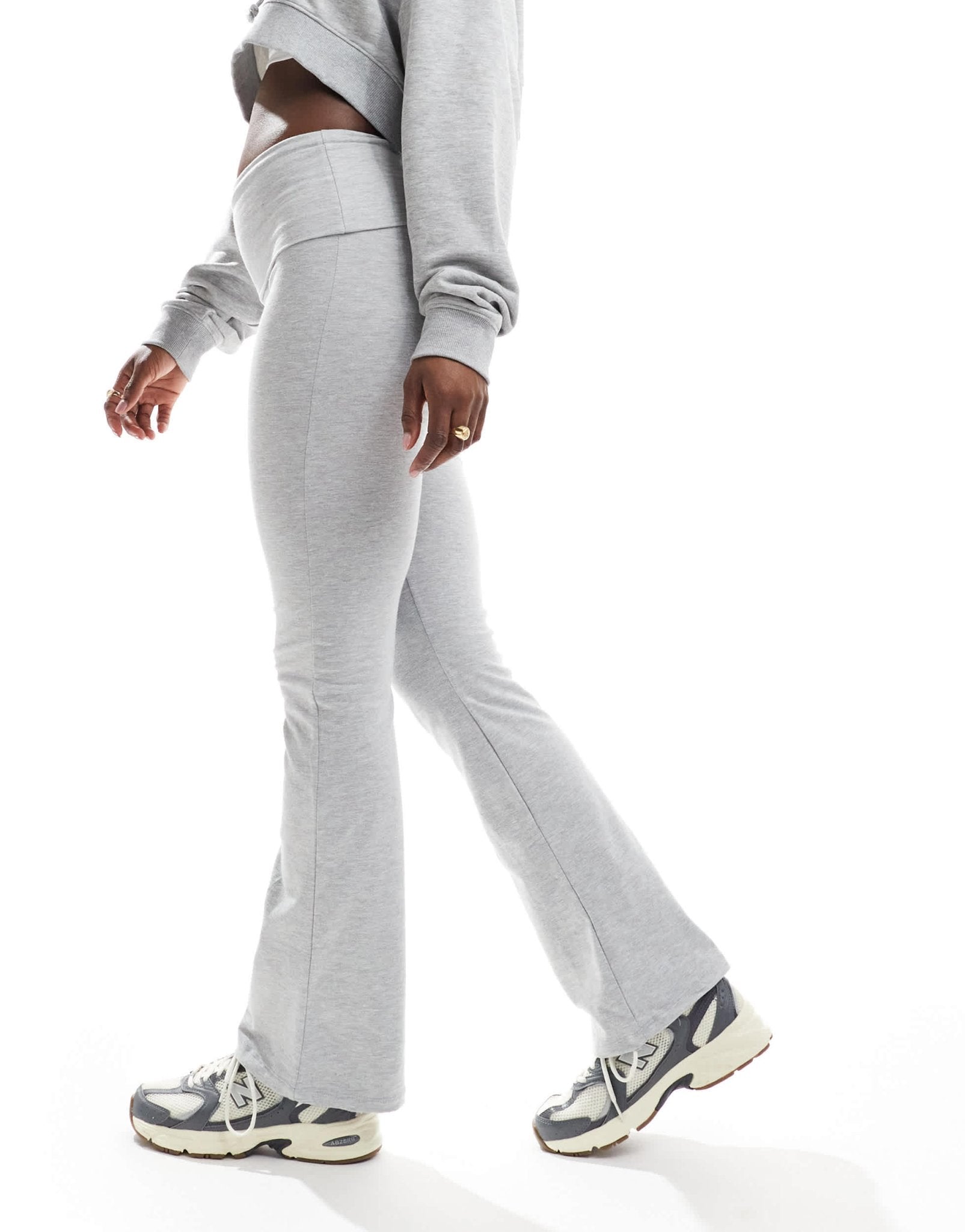 Pull&Bear fold over flared jersey trouser in light grey - ASOS Sample Sale
