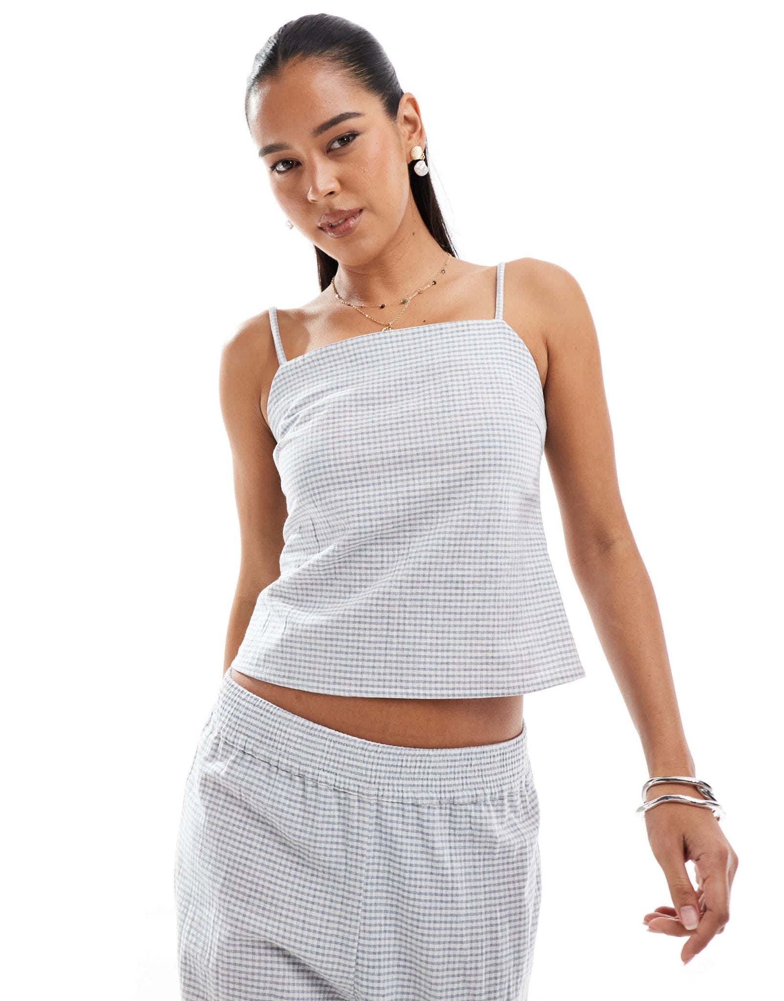 Pull&Bear gingham ruche side top co-ord in grey & white - ASOS Sample Sale