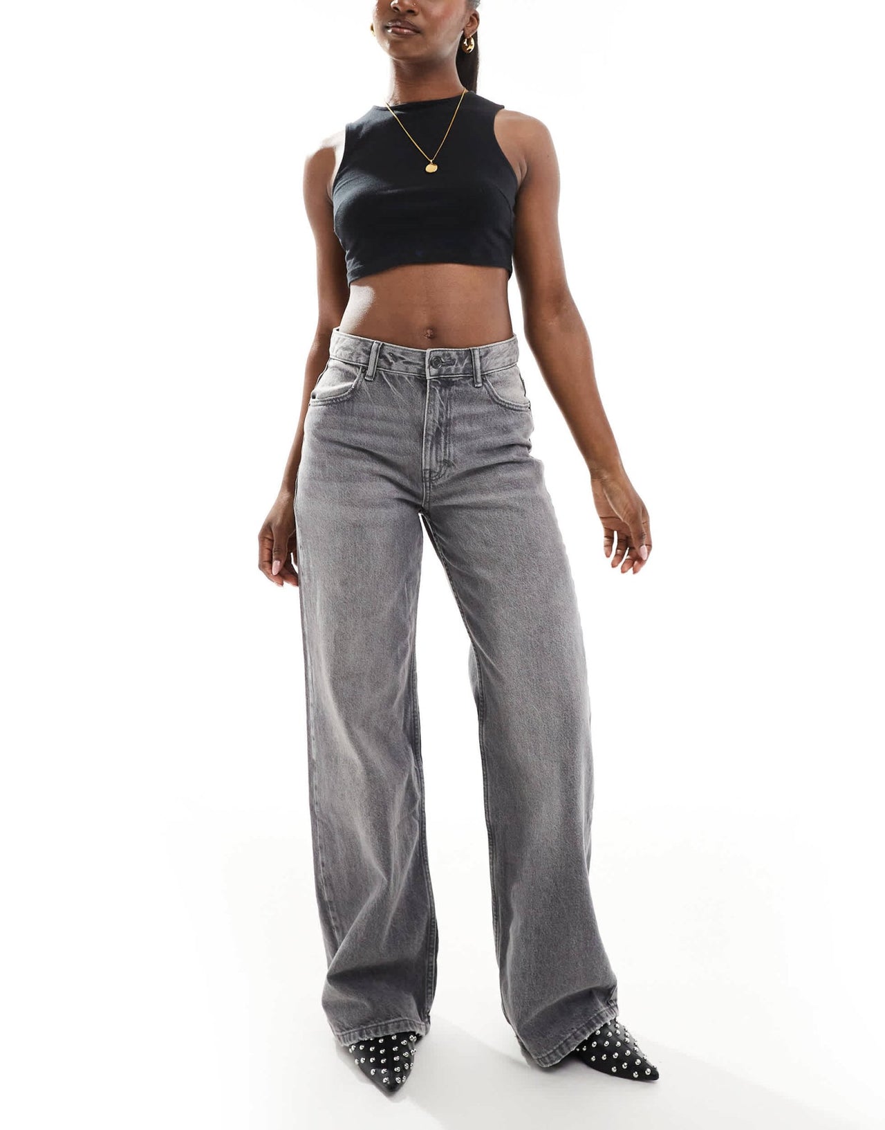 Pull&Bear high rise wide leg jean in dark grey - ASOS Sample Sale