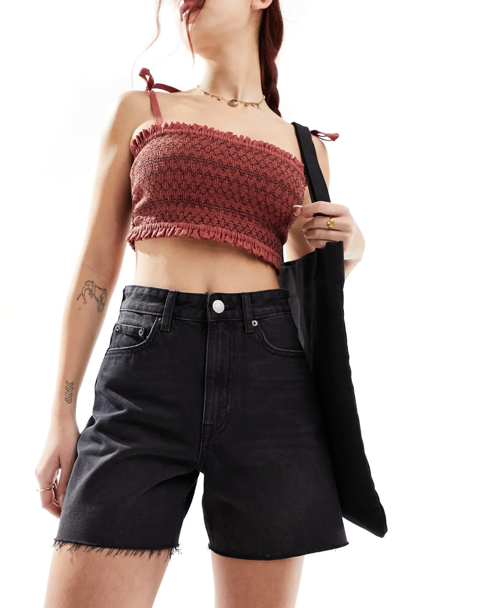 Pull&Bear high waisted raw hem longline denim shorts in black - ASOS Sample Sale
