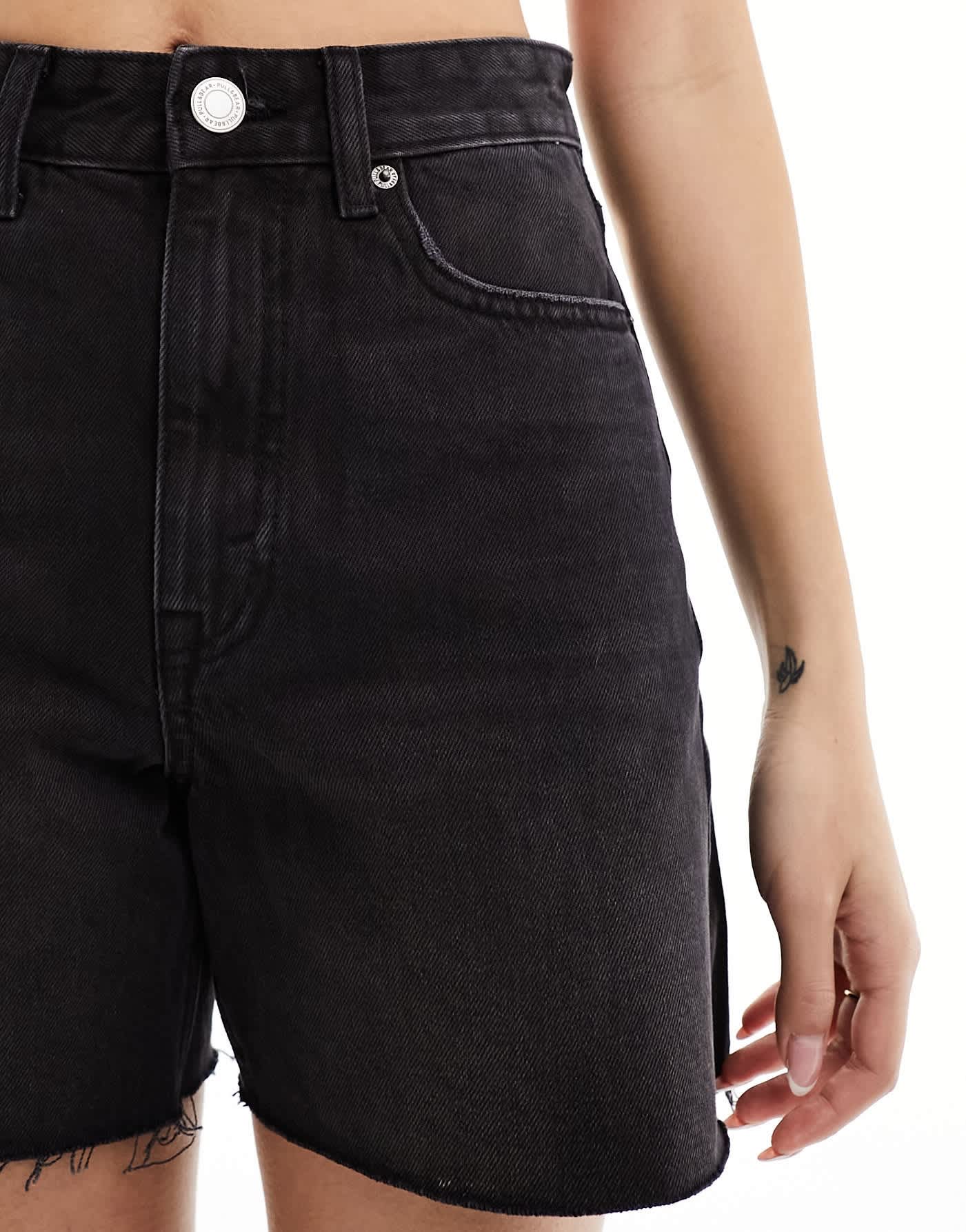 Pull&Bear high waisted raw hem longline denim shorts in black - ASOS Sample Sale