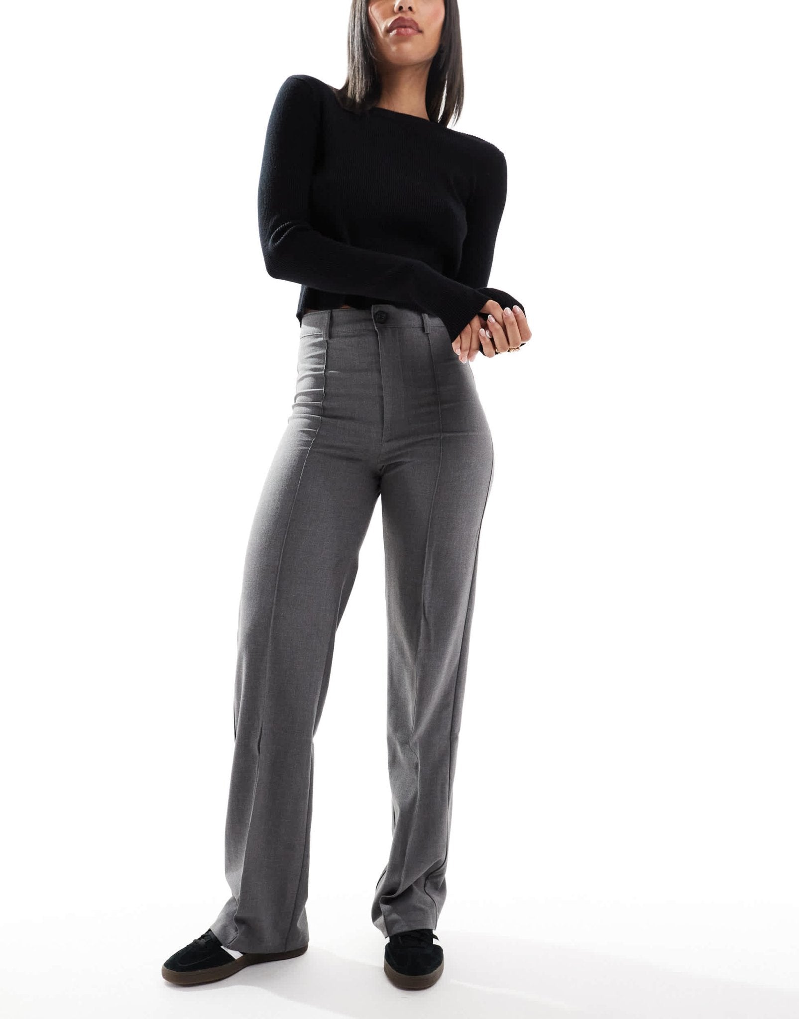 Pull&Bear high waisted seam front tailored straight leg trouser in grey - ASOS Sample Sale