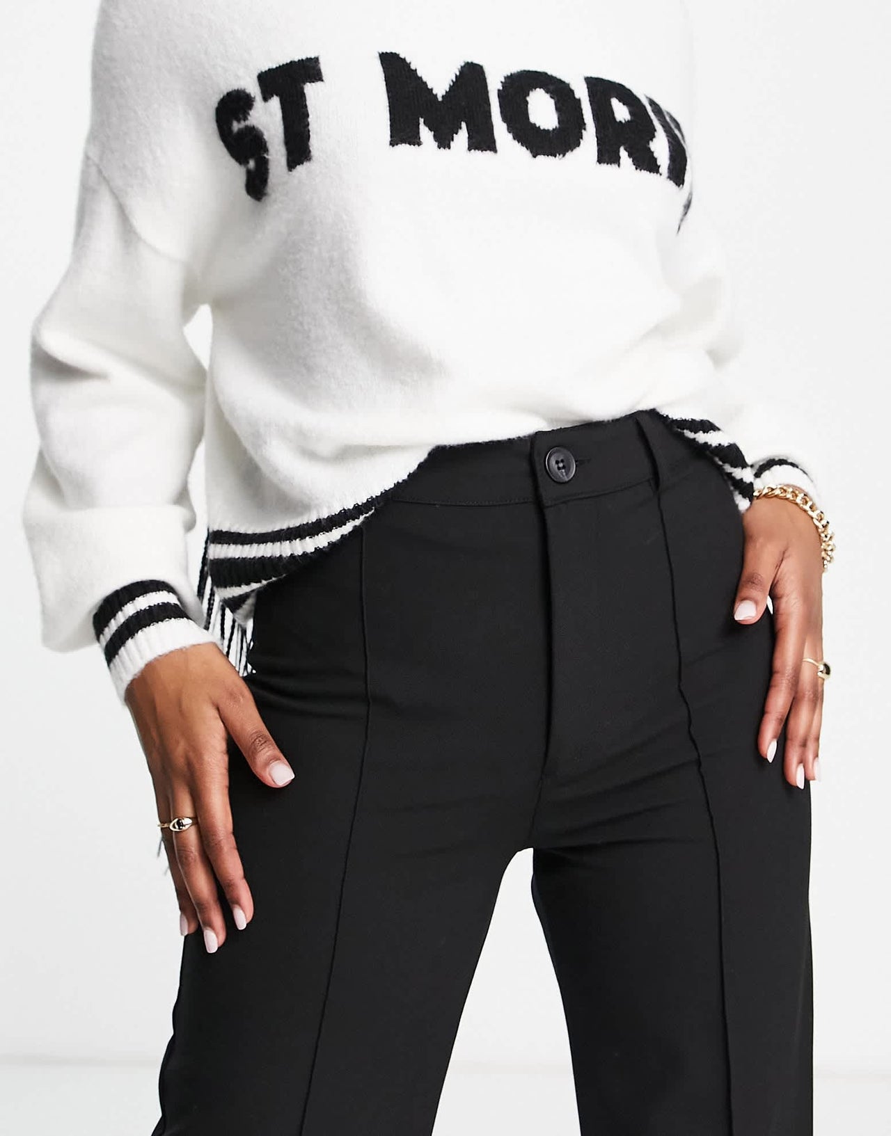 Pull&Bear high waisted tailored straight leg trouser with front seam in black - ASOS Sample Sale