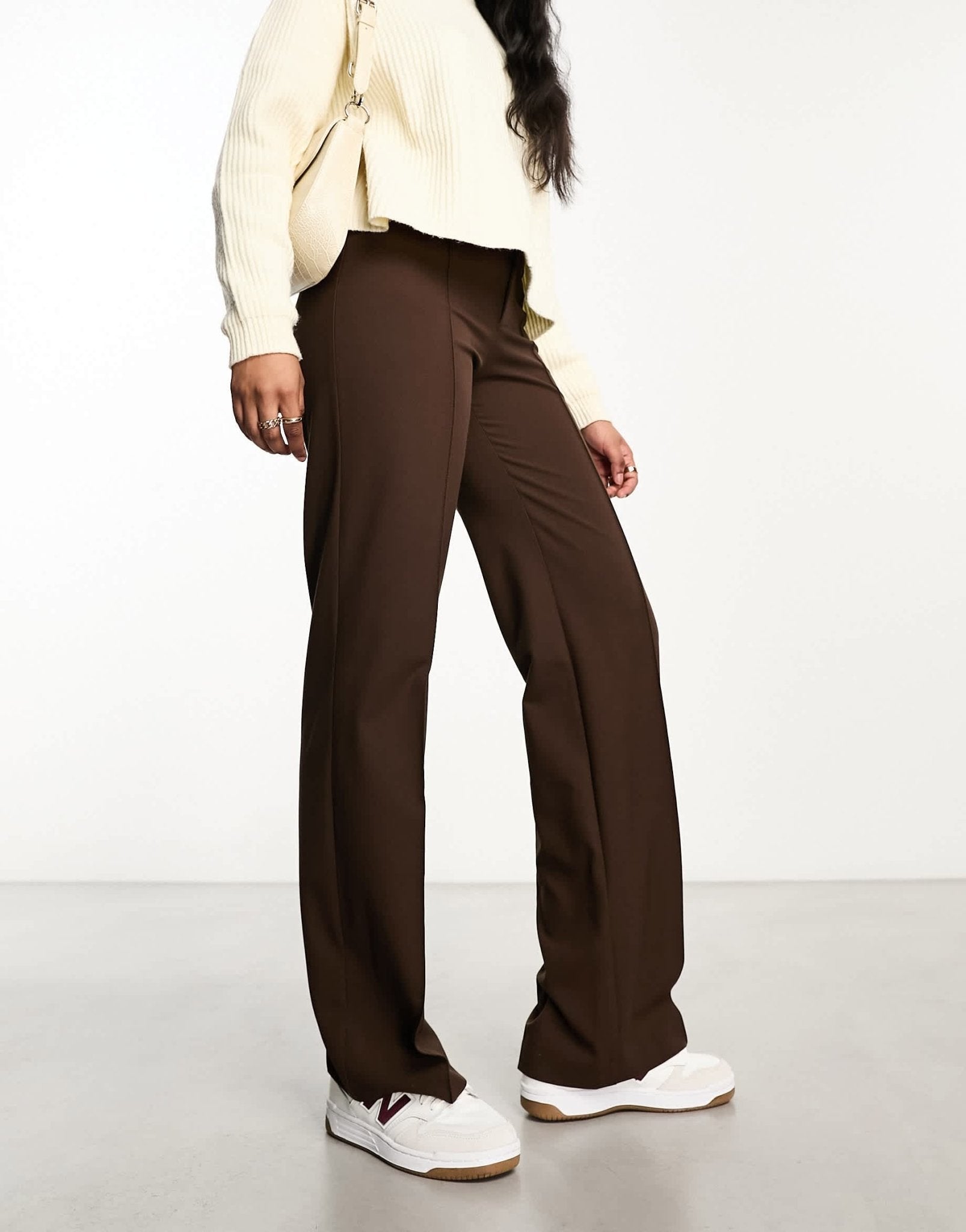 Pull&Bear high waisted tailored straight leg trouser with front seam in chocolate brown - ASOS Sample Sale