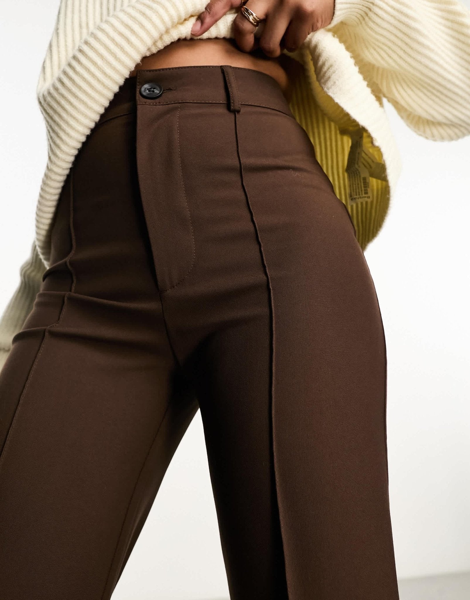 Pull&Bear high waisted tailored straight leg trouser with front seam in chocolate brown - ASOS Sample Sale