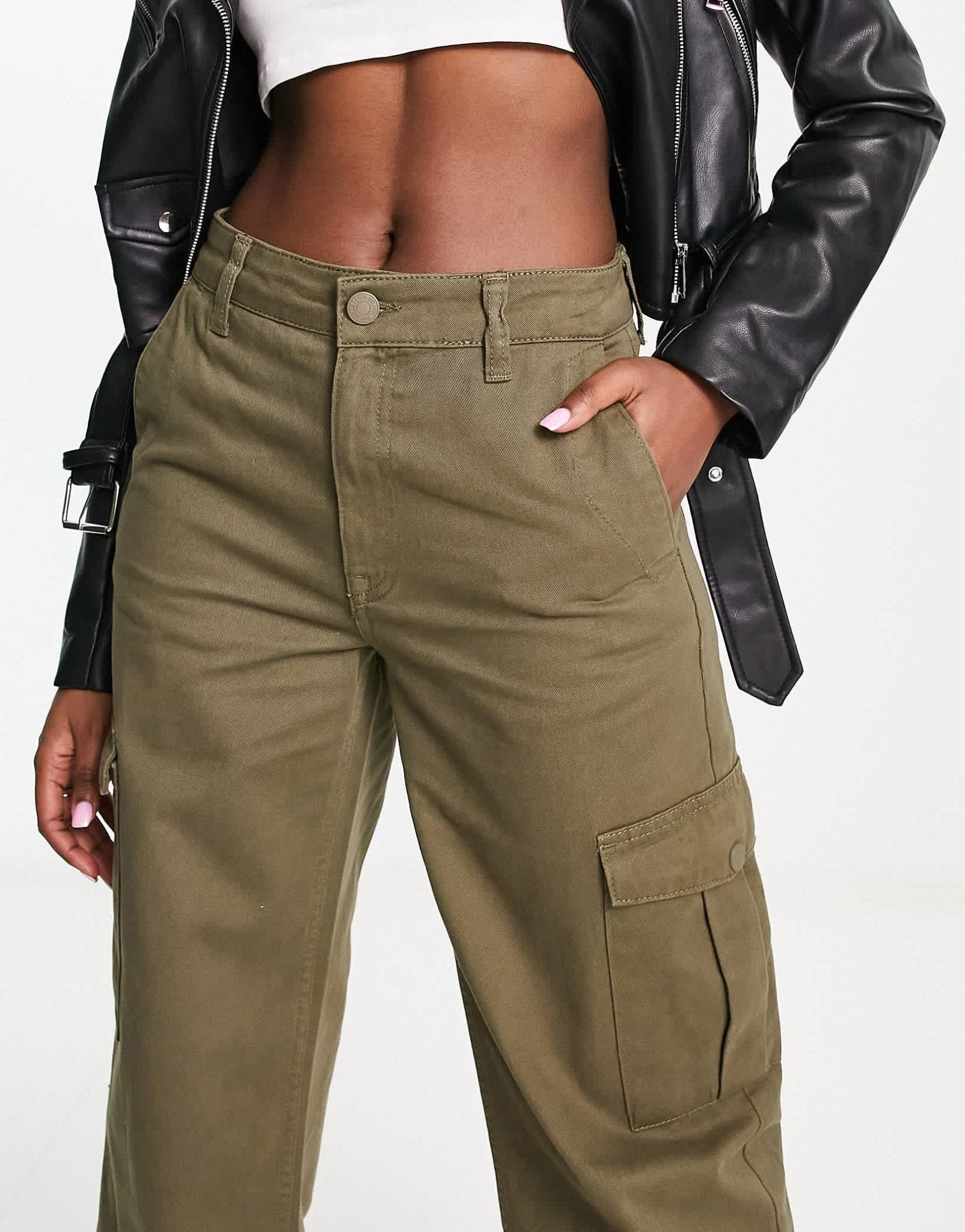 Pull&Bear high waisted wide leg cargo trousers in khaki - ASOS Sample Sale
