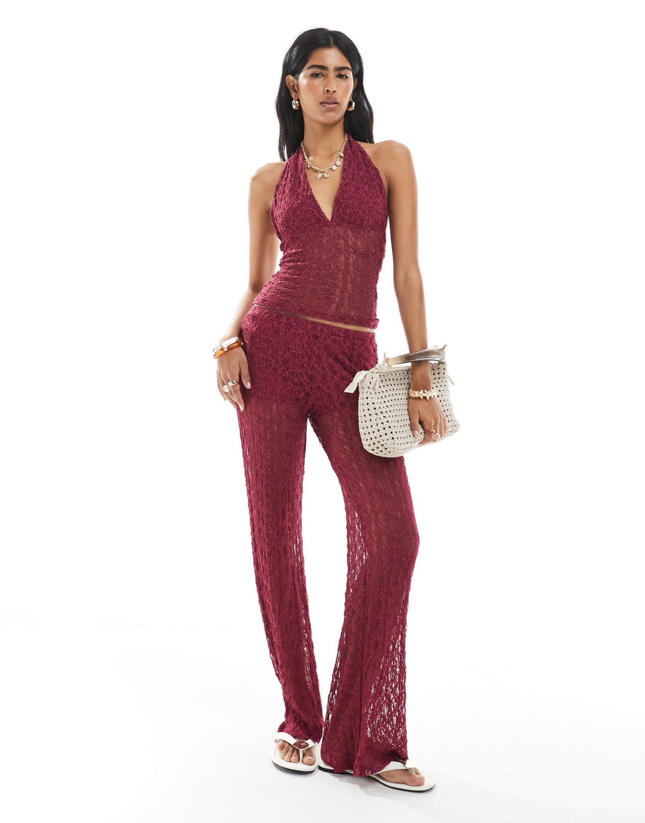 Pull&Bear lace halterneck top co-ord in burgundy - ASOS Sample Sale