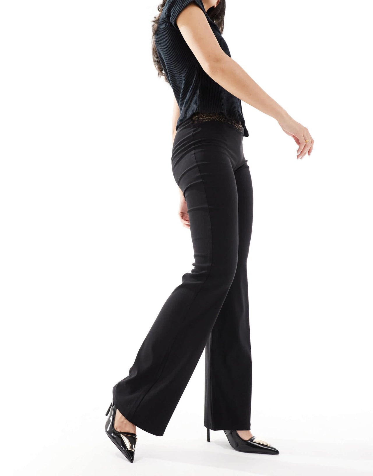 Pull&Bear lace trim flare trouser in black - ASOS Sample Sale