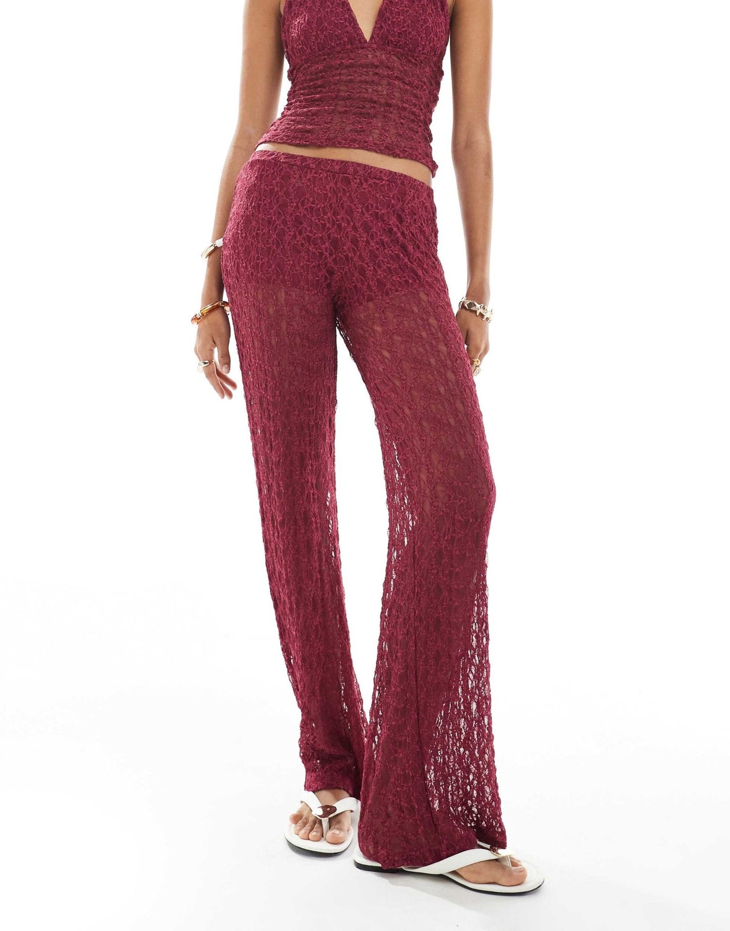 Pull&Bear lace wide leg trouser co - ord in burgundy - ASOS Sample Sale