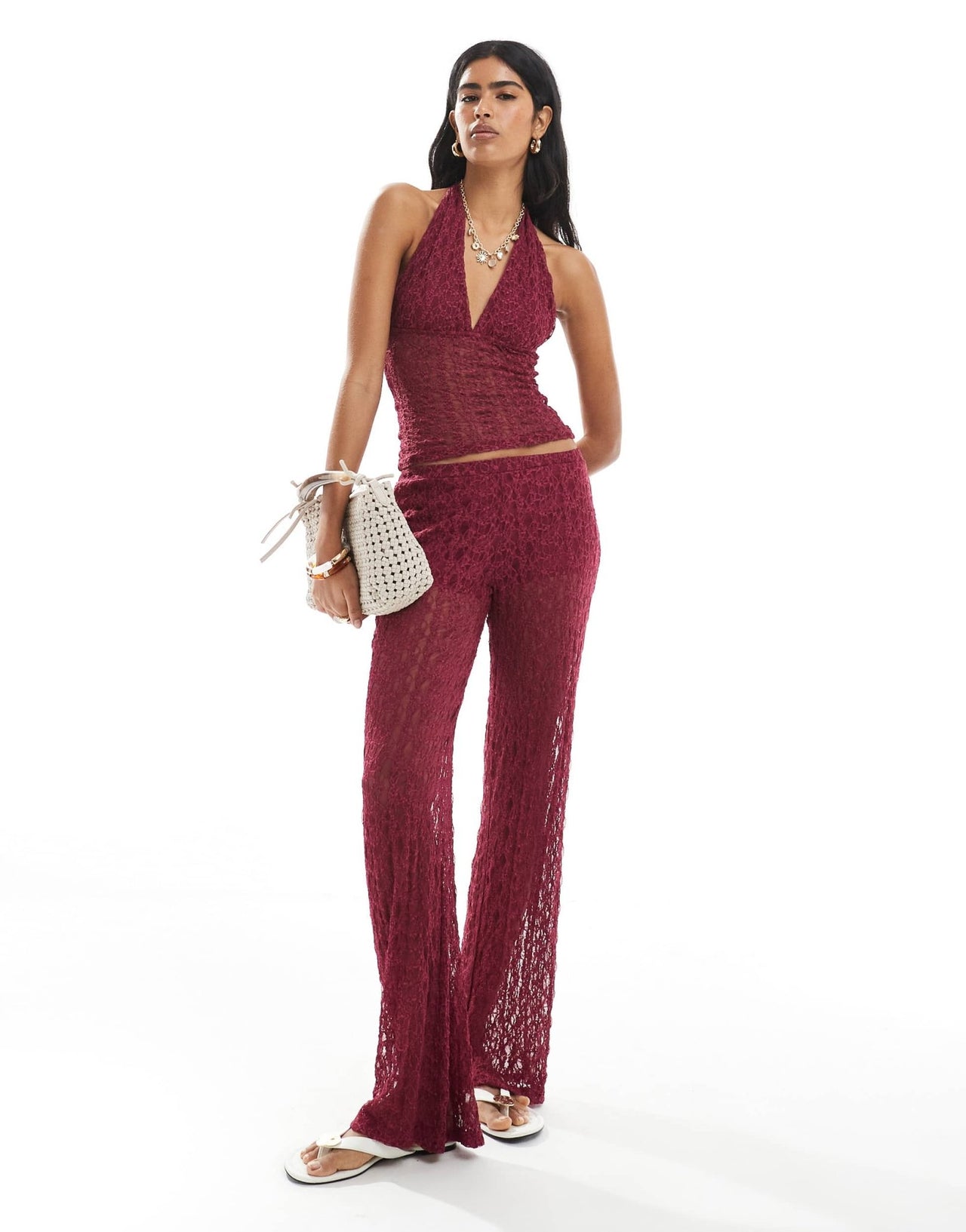 Pull&Bear lace wide leg trouser co - ord in burgundy - ASOS Sample Sale