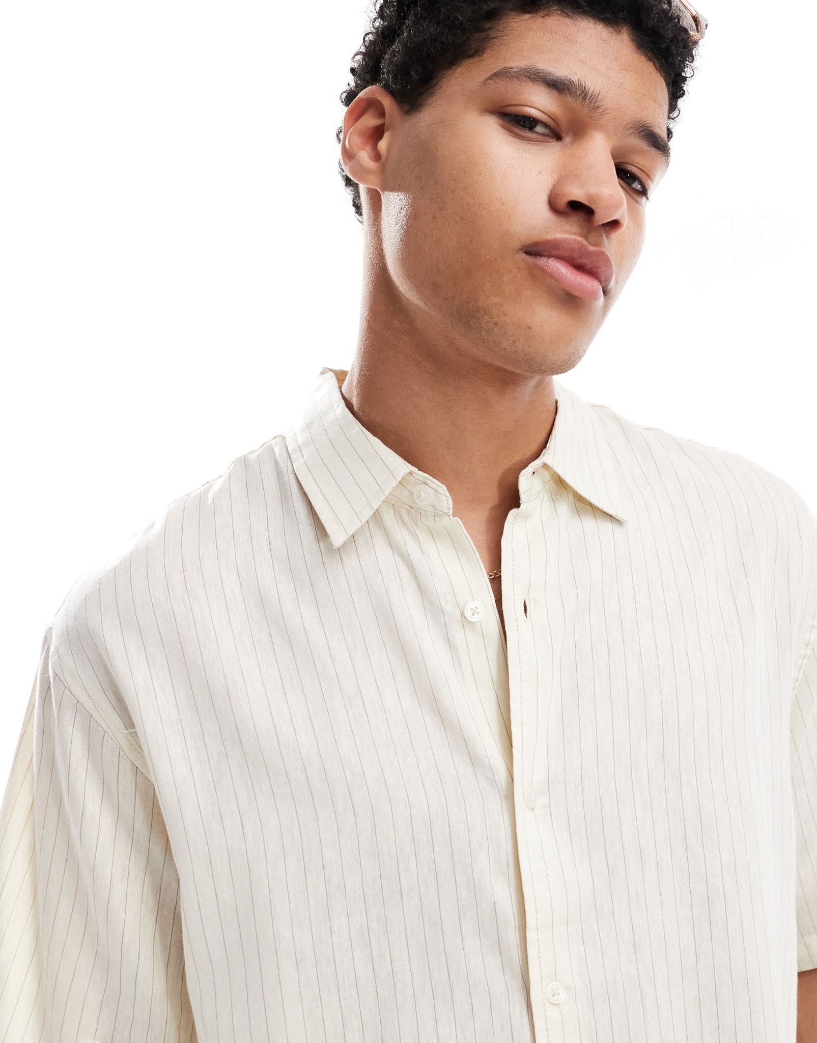 Pull&Bear linen blend soft pinstripe shirt in ecru - ASOS Sample Sale