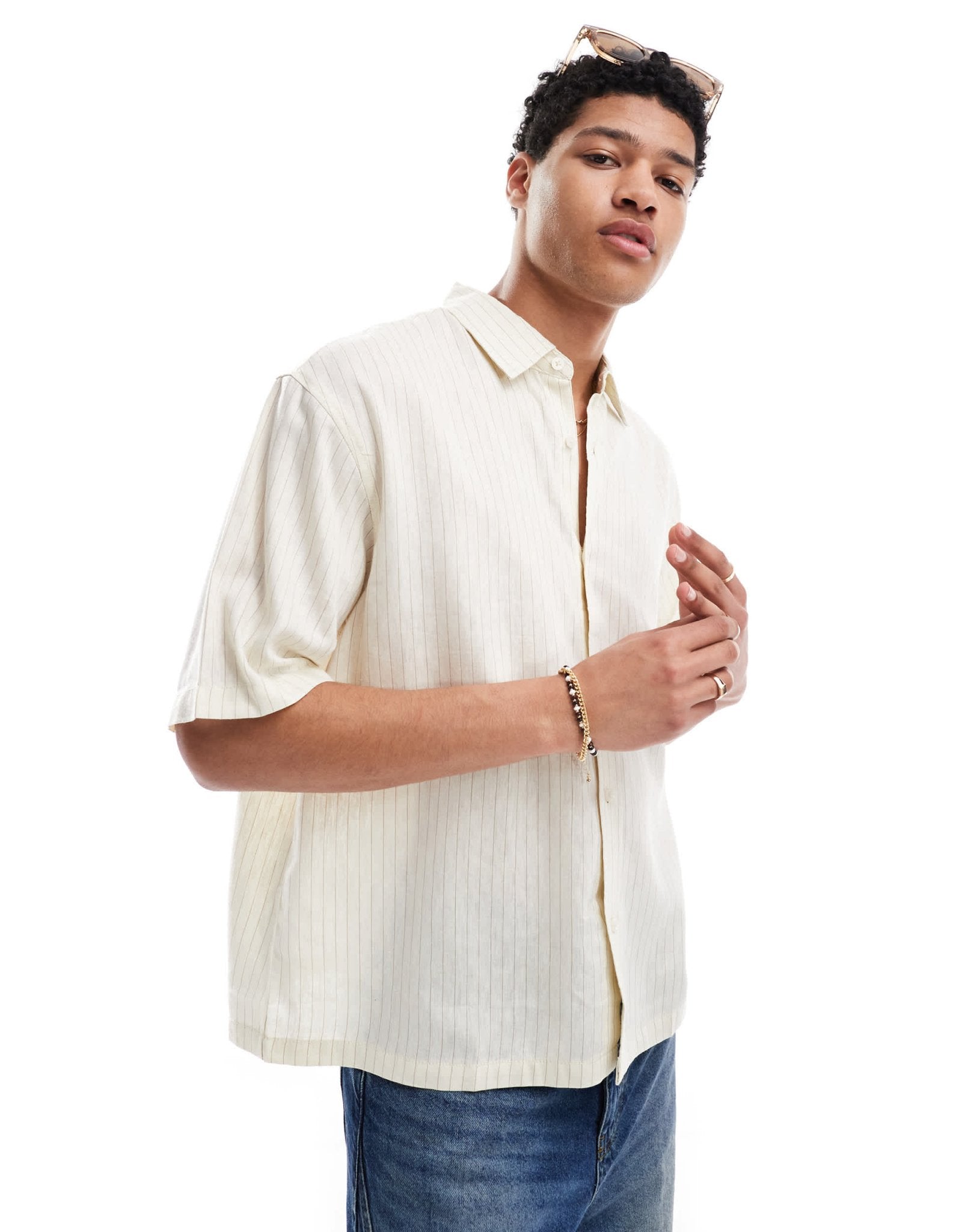 Pull&Bear linen blend soft pinstripe shirt in ecru - ASOS Sample Sale
