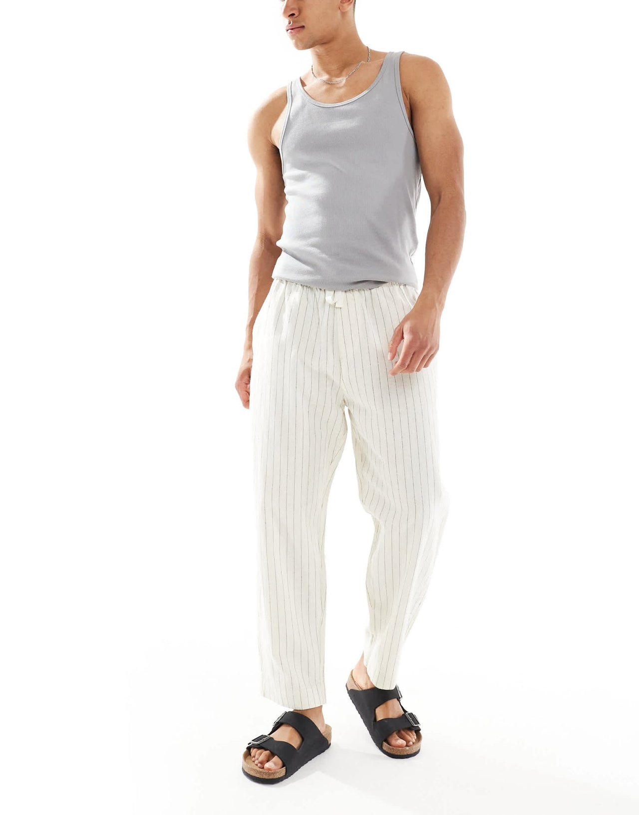 Pull&Bear linen blend striped trousers in ecru - ASOS Sample Sale