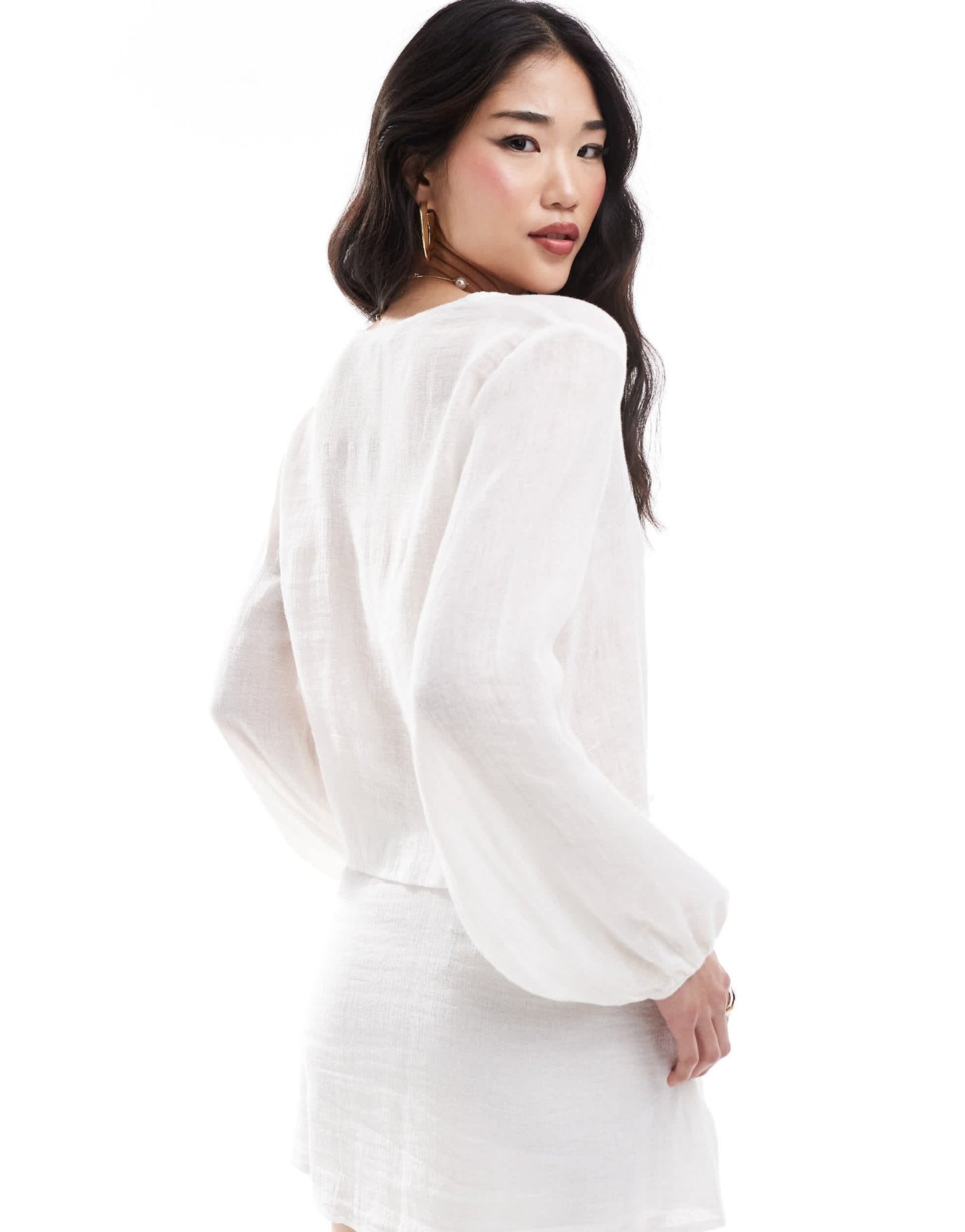 Pull&Bear linen blend tie front shirt co-ord in white - ASOS Sample Sale