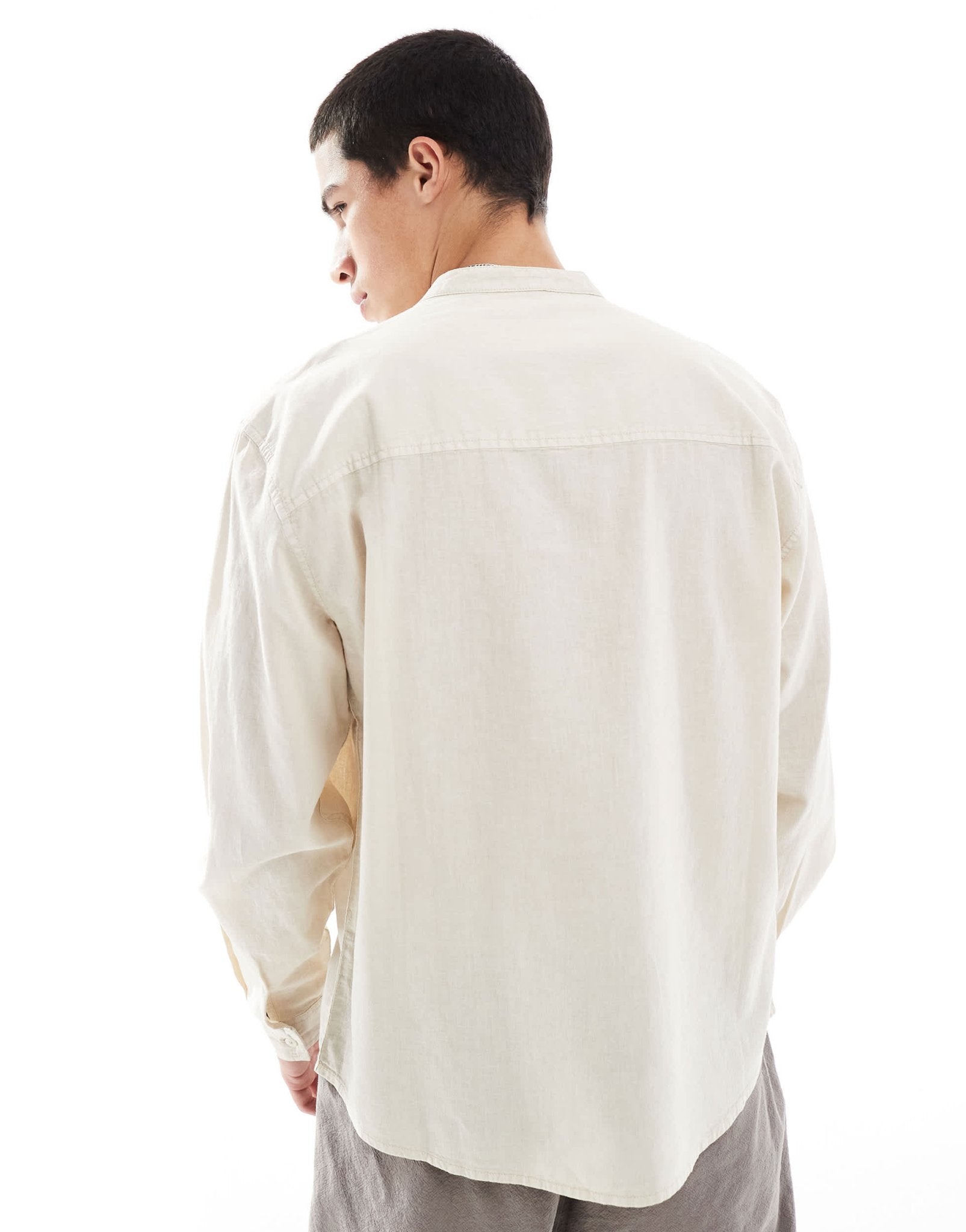 Pull&Bear linen rich long sleeve textured grandad shirt in beige - ASOS Sample Sale