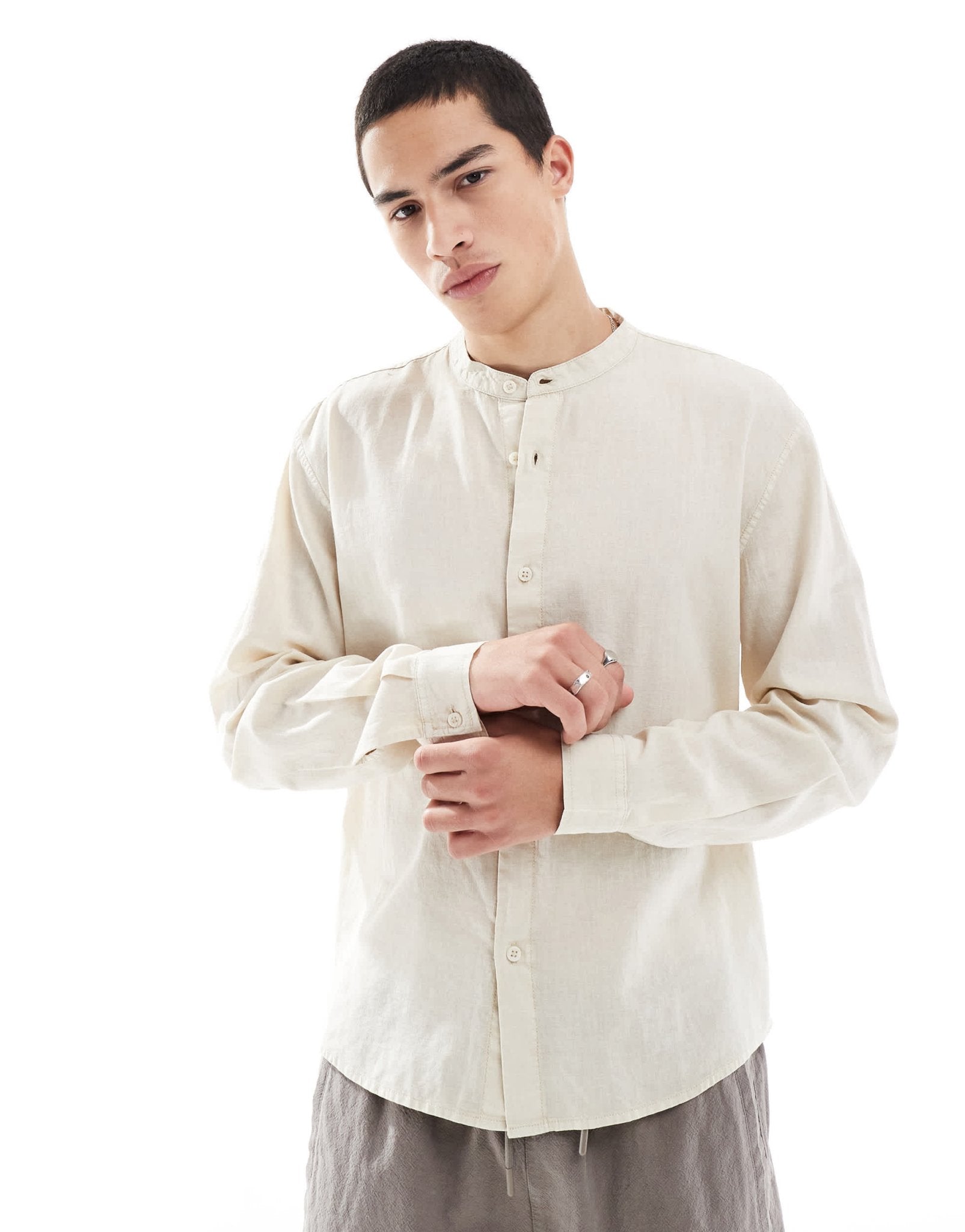 Pull&Bear linen rich long sleeve textured grandad shirt in beige - ASOS Sample Sale