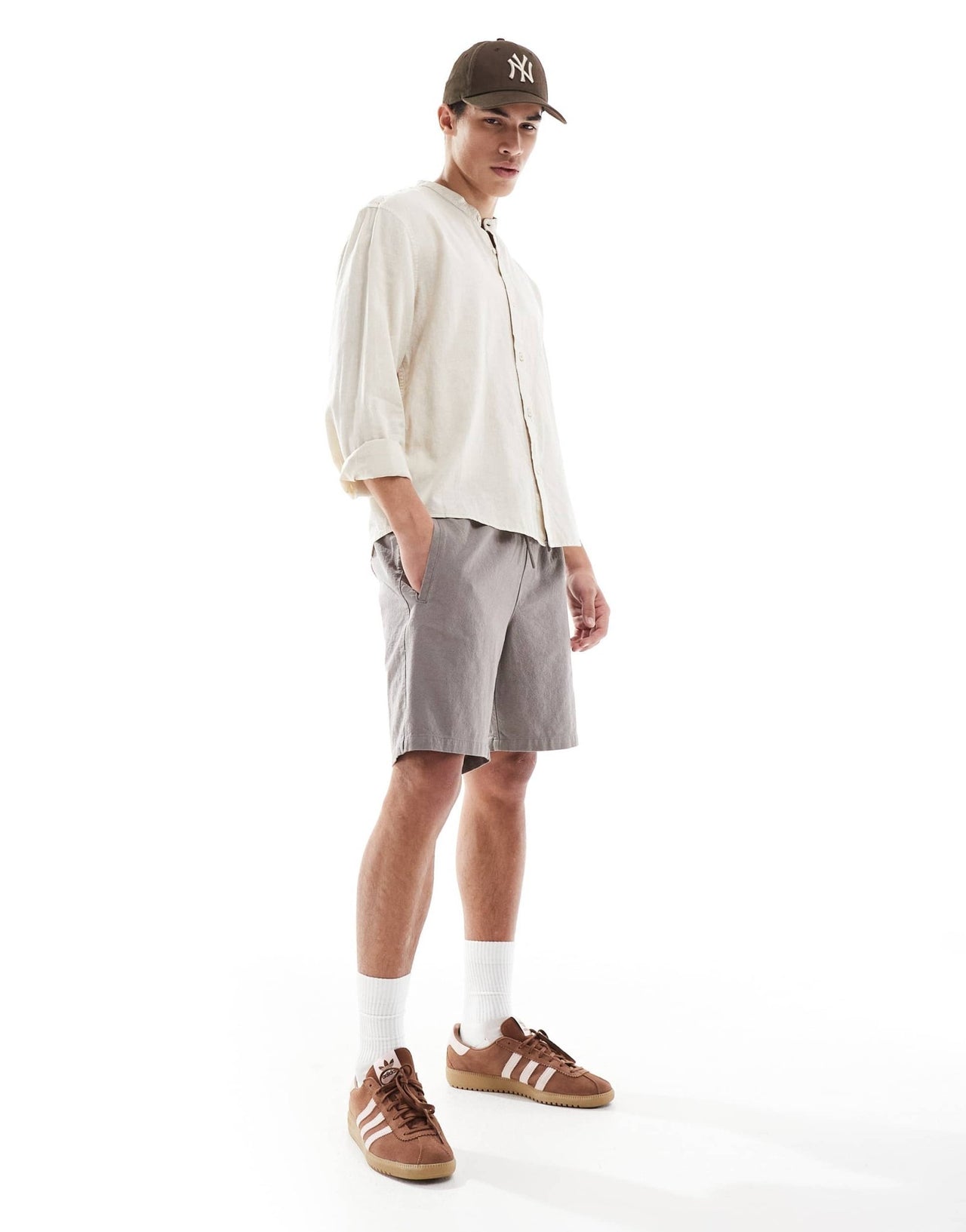 Pull&Bear linen rich long sleeve textured grandad shirt in beige - ASOS Sample Sale