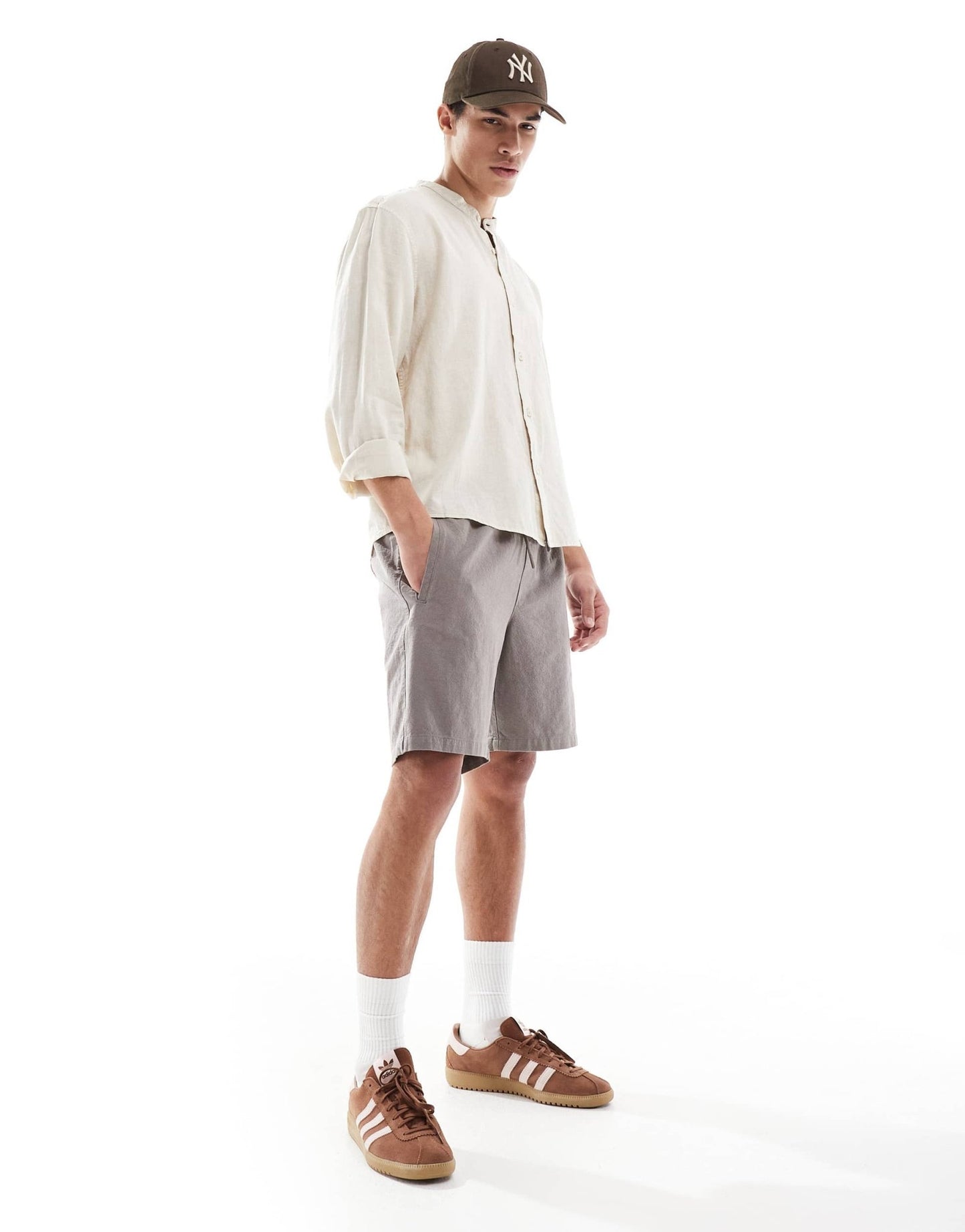 Pull&Bear linen rich long sleeve textured grandad shirt in beige - ASOS Sample Sale