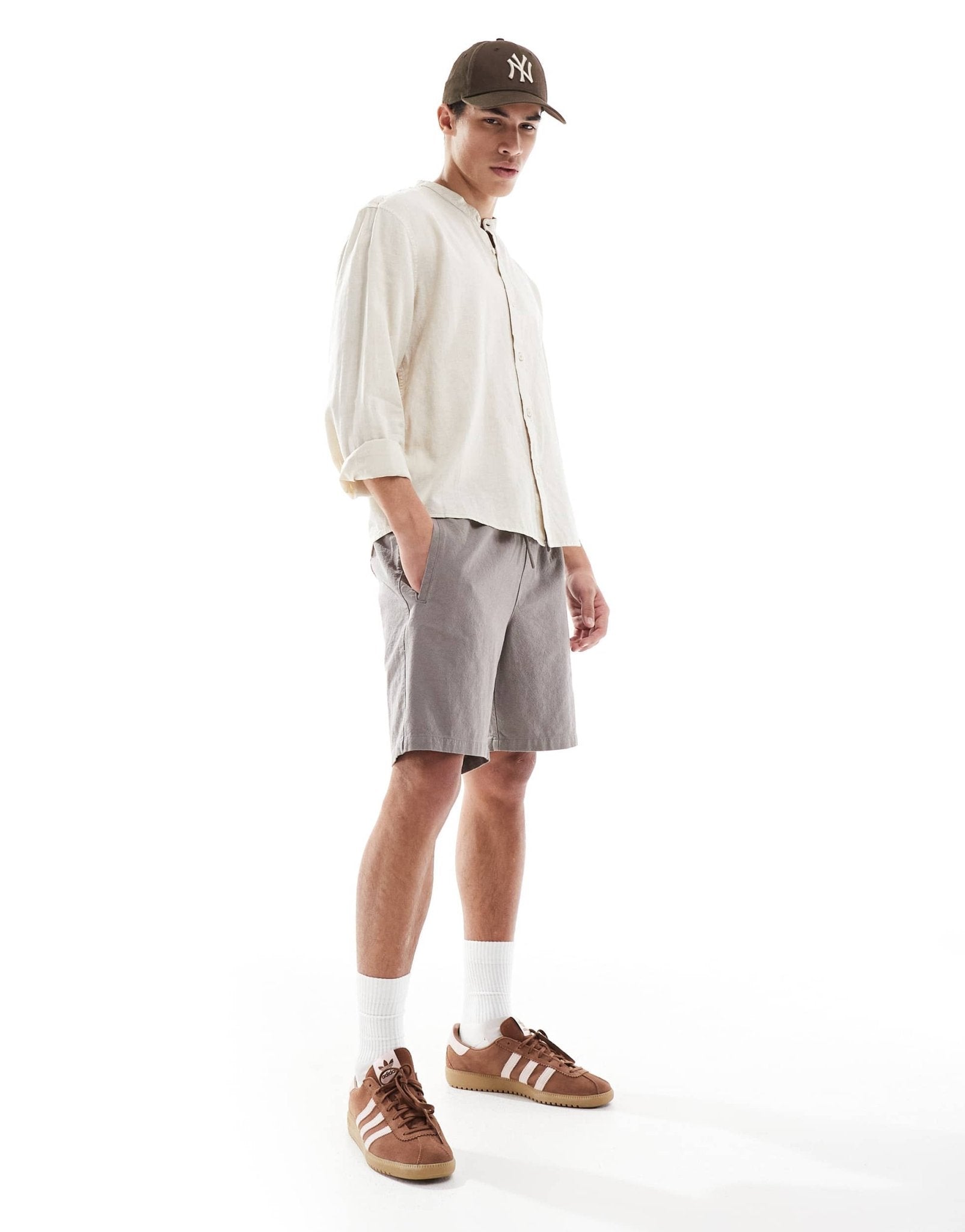 Pull&Bear linen rich long sleeve textured grandad shirt in beige - ASOS Sample Sale