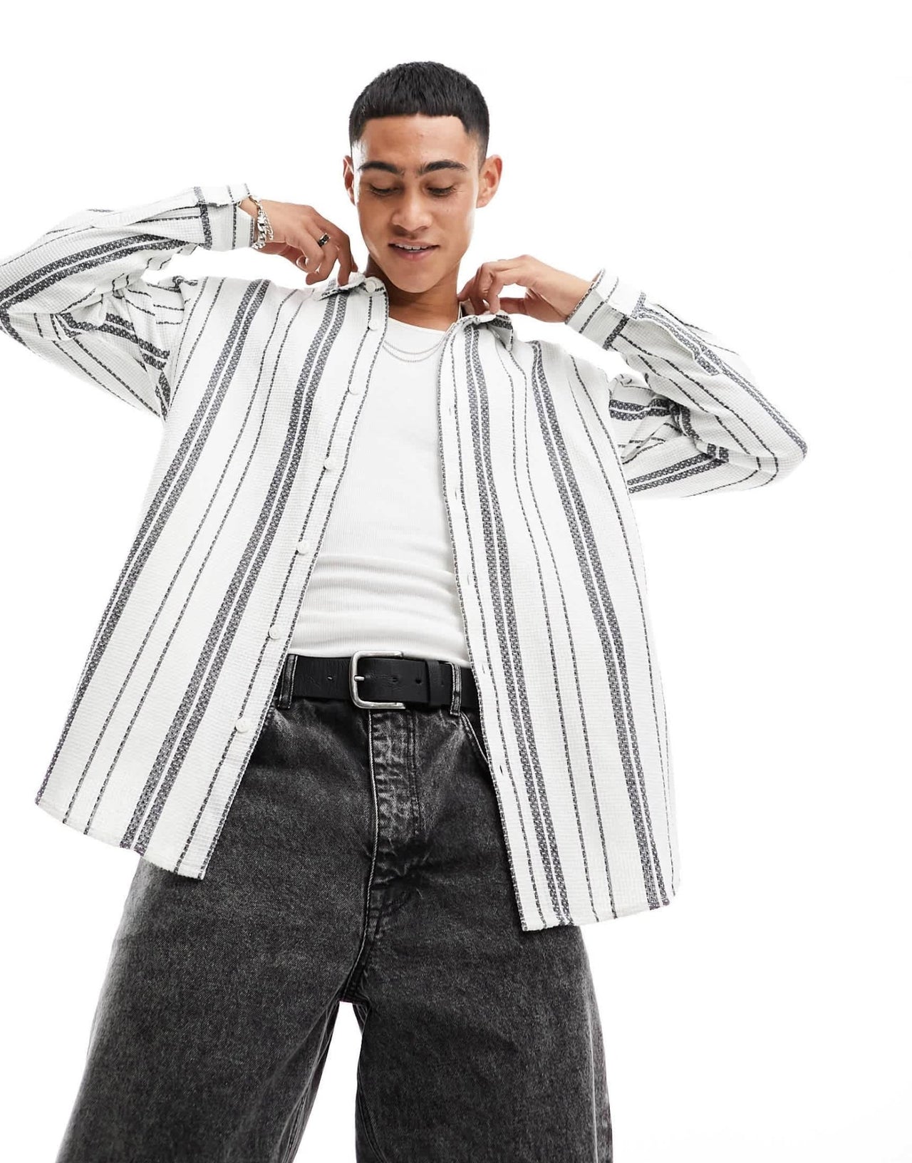 Pull&Bear long sleeve stripe shirt in white - ASOS Sample Sale
