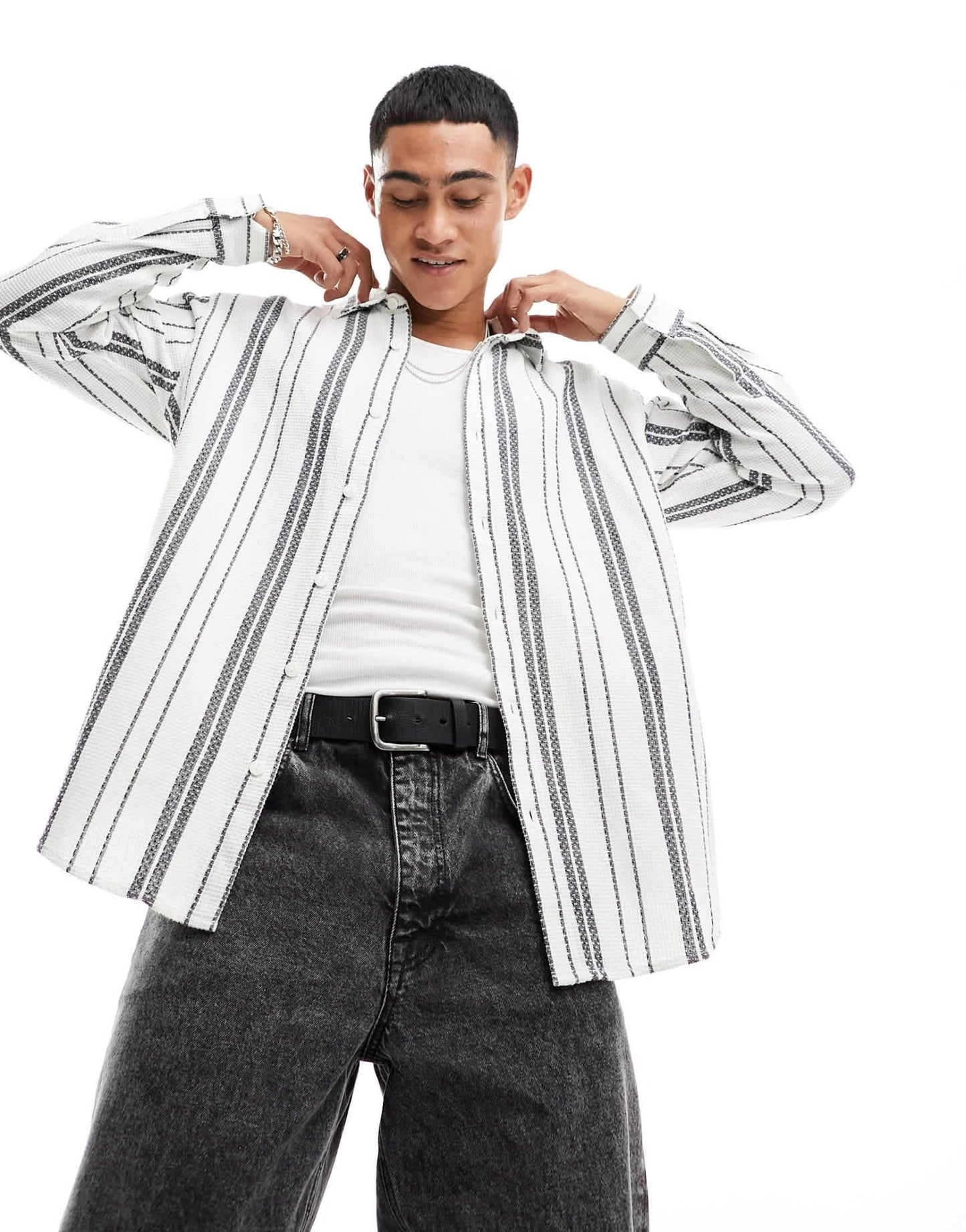 Pull&Bear long sleeve stripe shirt in white - ASOS Sample Sale
