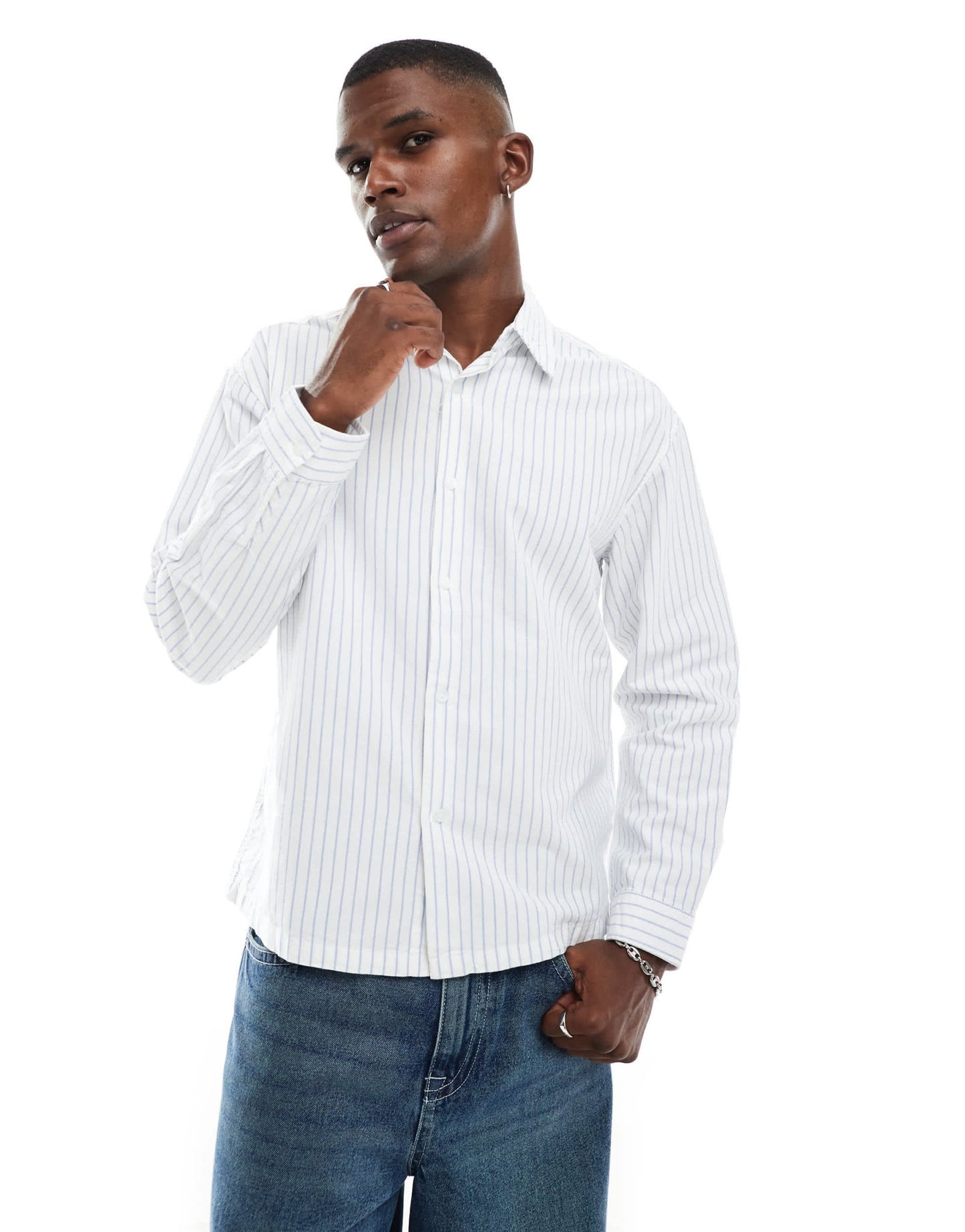 Pull&Bear long sleeve striped shirt in white - ASOS Sample Sale
